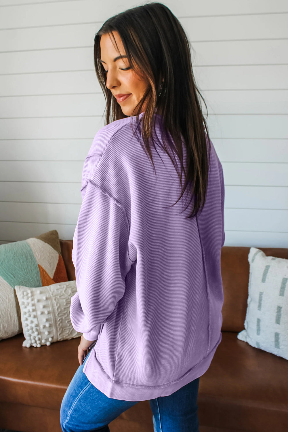 Lavendula Horizontal Ribbed Exposed Seam Detail Drop Shoulder Baggy Pullover