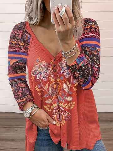 Paisley Print Long Sleeve T-shirt, Women's Slight Stretch V Neck Casual Pullover Top
