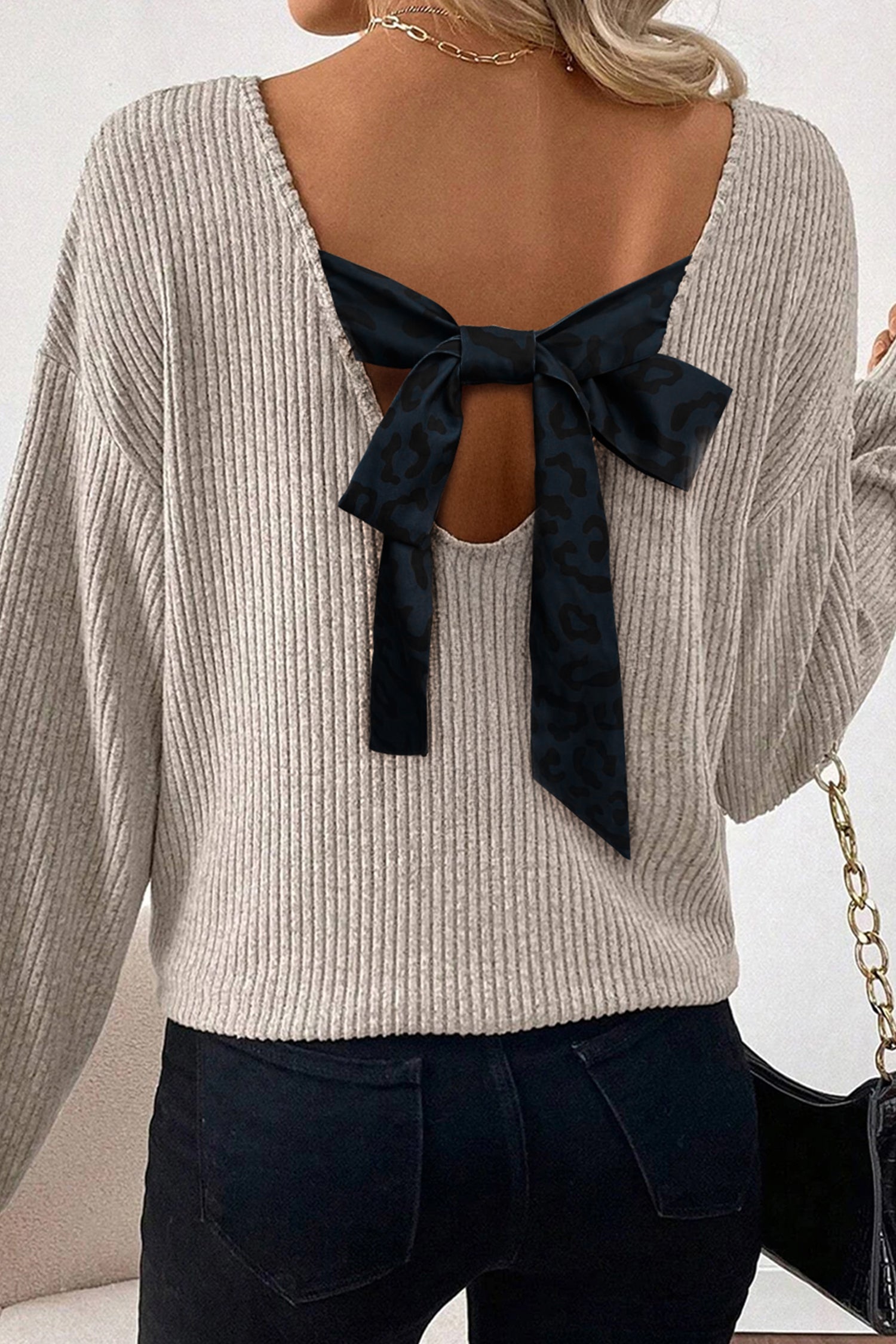 Simply Taupe Ribbed V Neck Contrast Ribbon Bow Back Drop Shoulder Long Sleeve Top