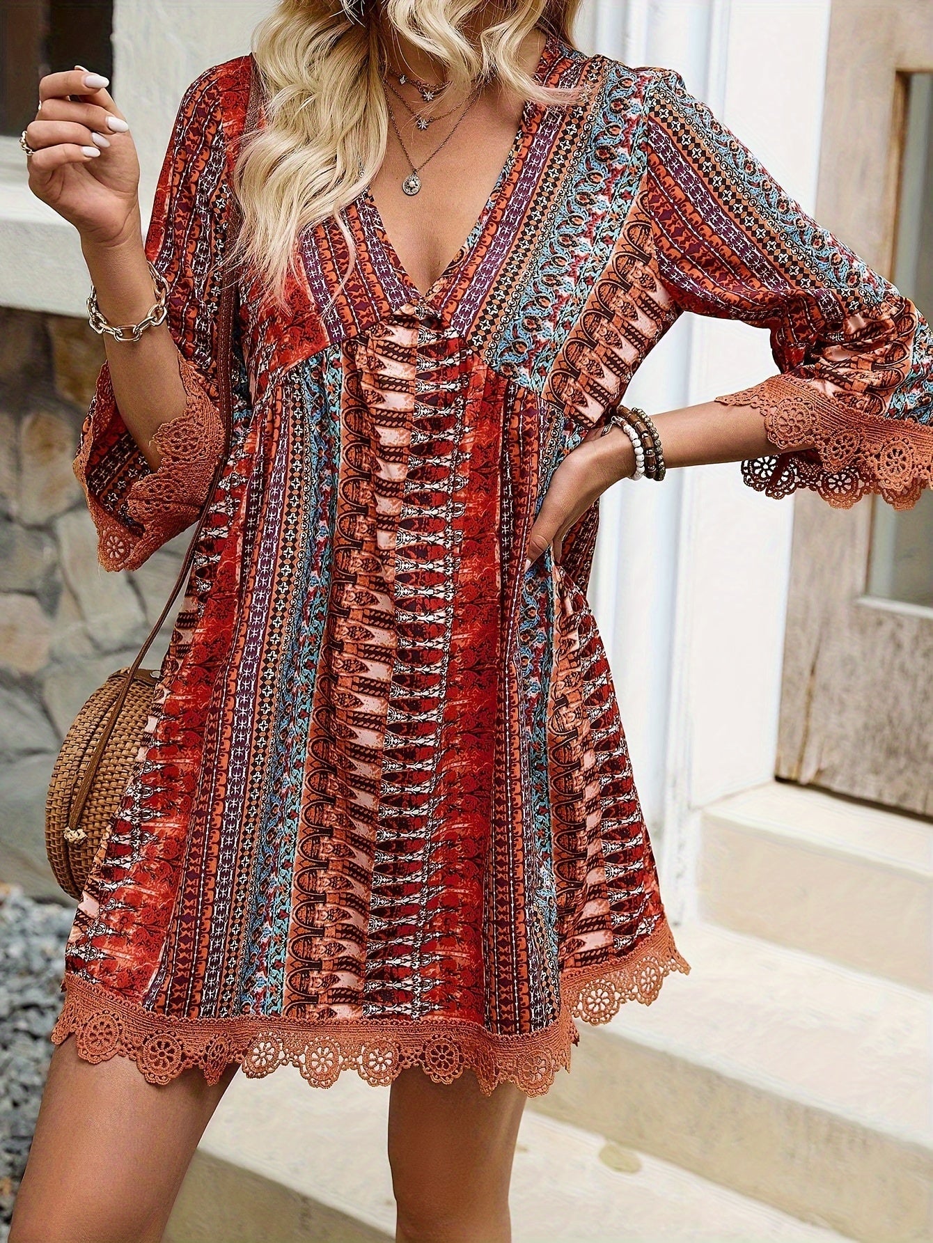 3/4 Sleeve Striped V-neck Trapeze Dress