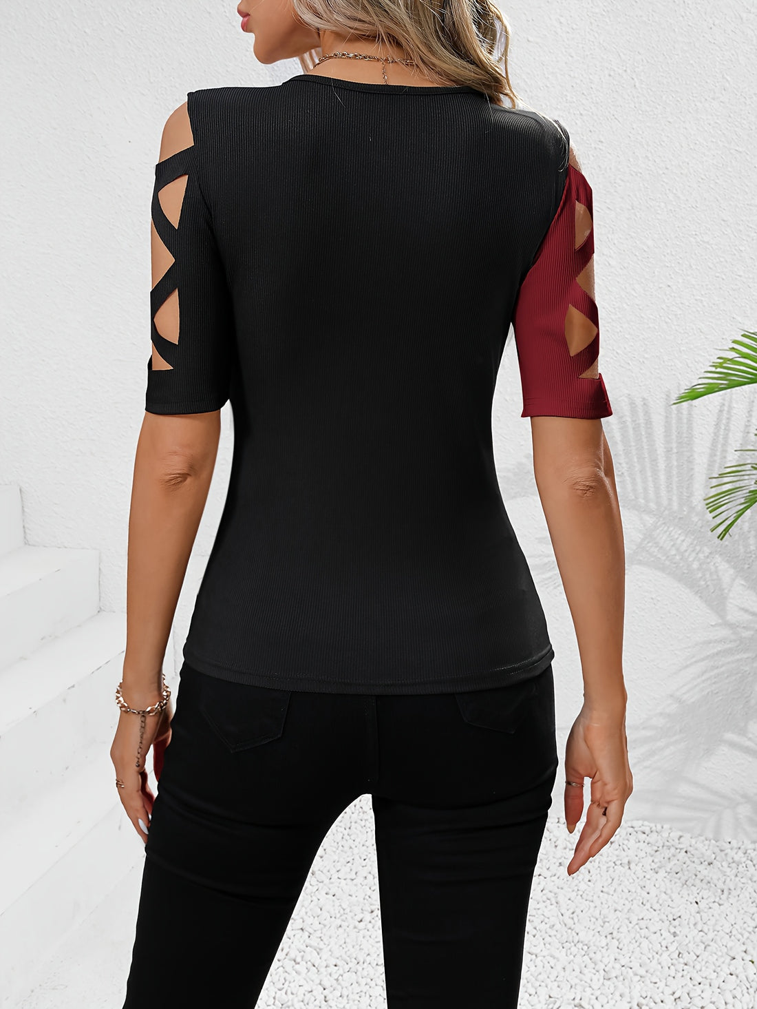 Round Neck Cutout Shoulder Summer T-Shirt