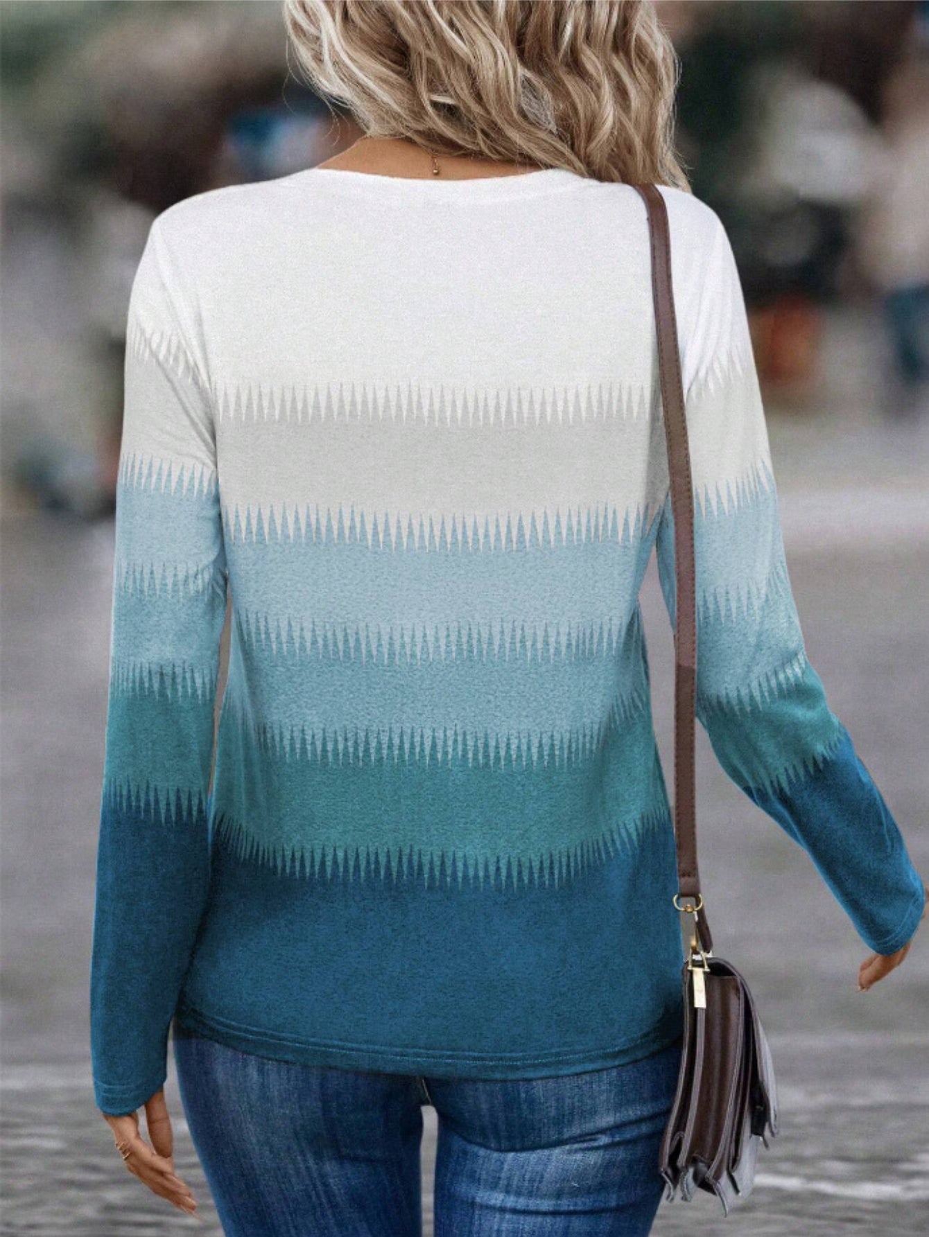 Vibrant Gradient Color Long Sleeve Crew Neck T-shirt - Casual Button Front Top