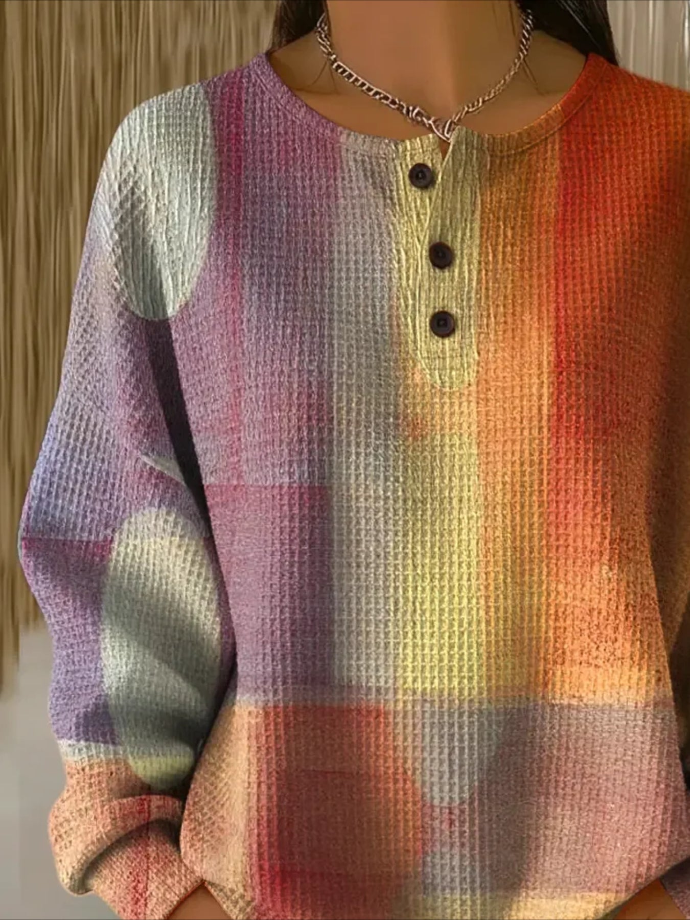 Line Ribbed V Neck Braided Print Long Sleeve Regular Sweatshirt