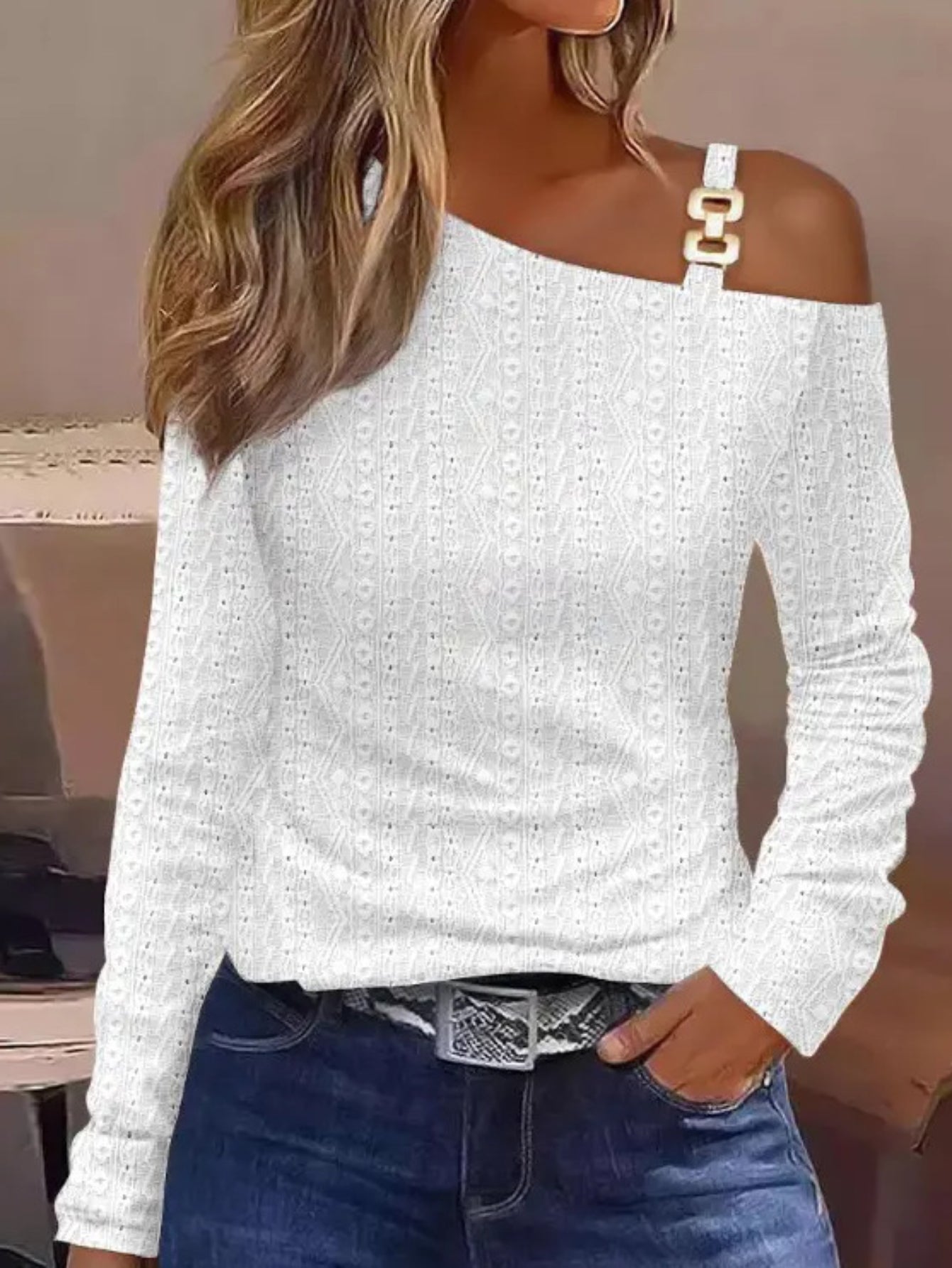 Cutout Lace Stitching Cold Shoulder T-Shirt, Casual Long Sleeve Top