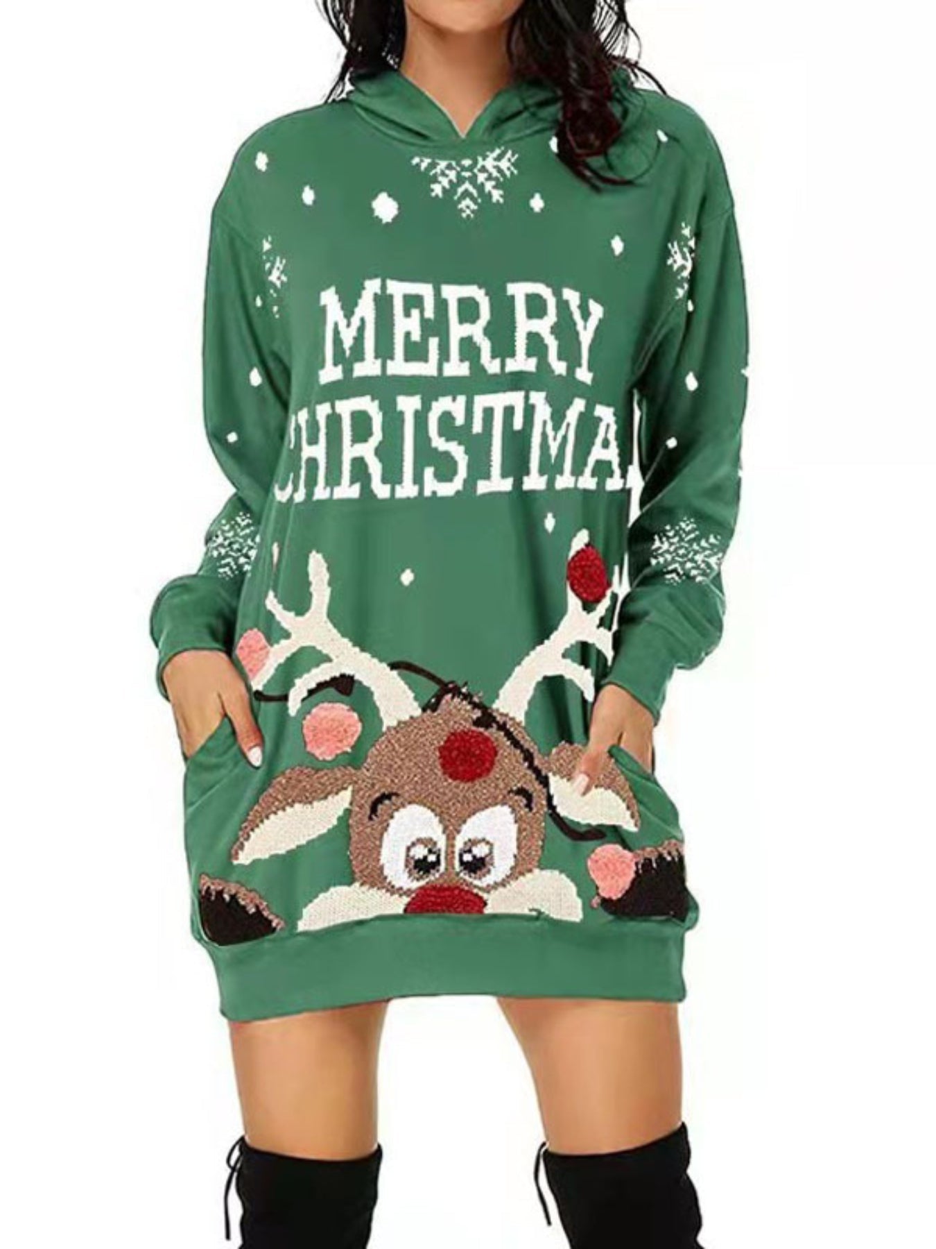 Christmas Print Casual Hoodie Dress Long Sleeve Hooded Dress