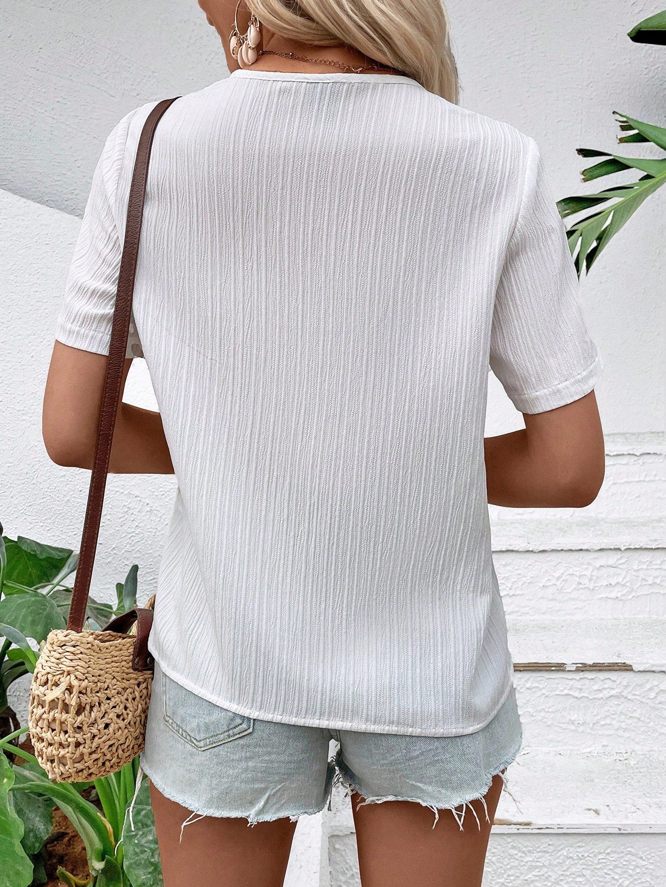 Solid Button Detail Asymmetrical Neck Blouse