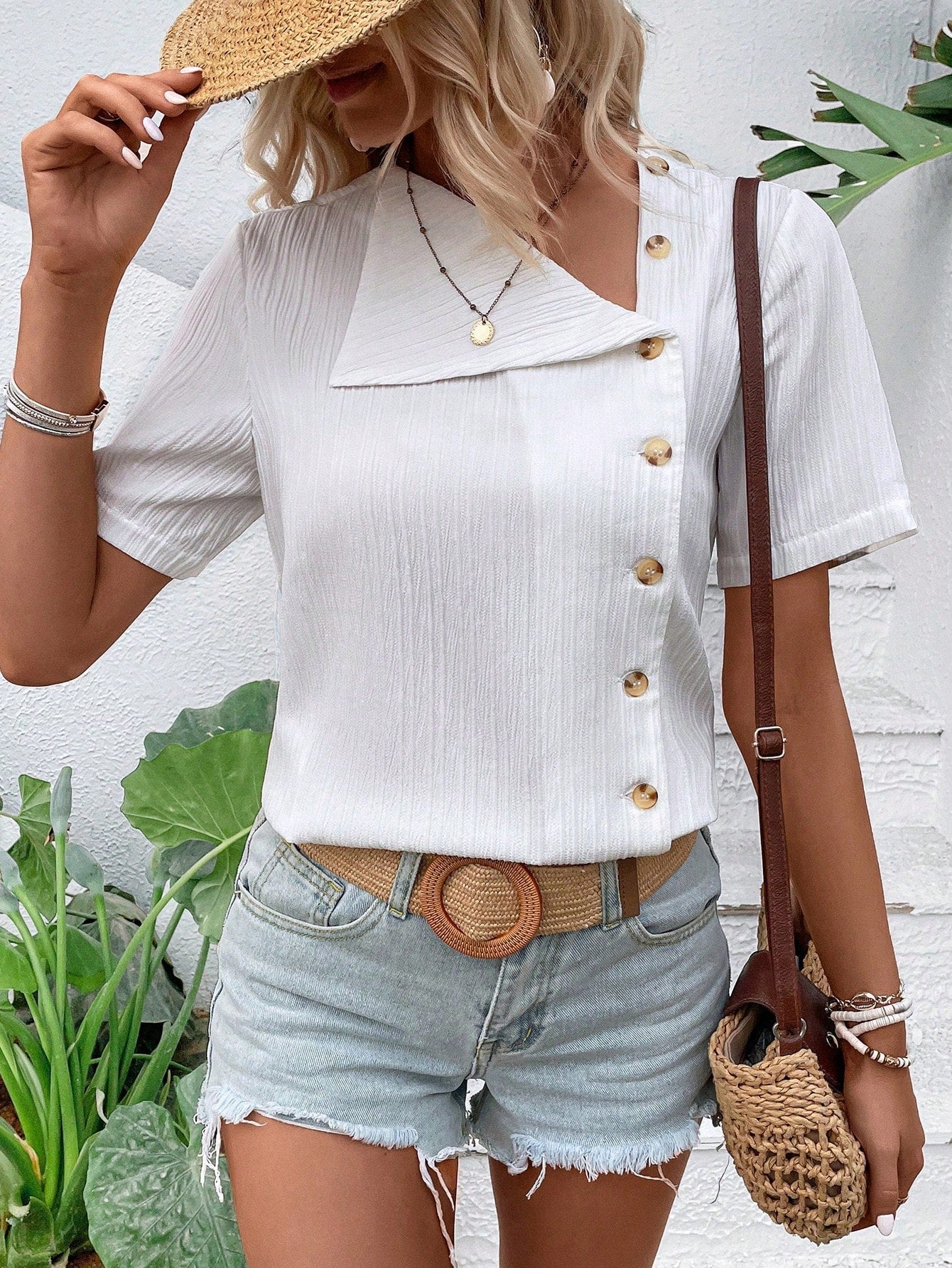 Solid Button Detail Asymmetrical Neck Blouse