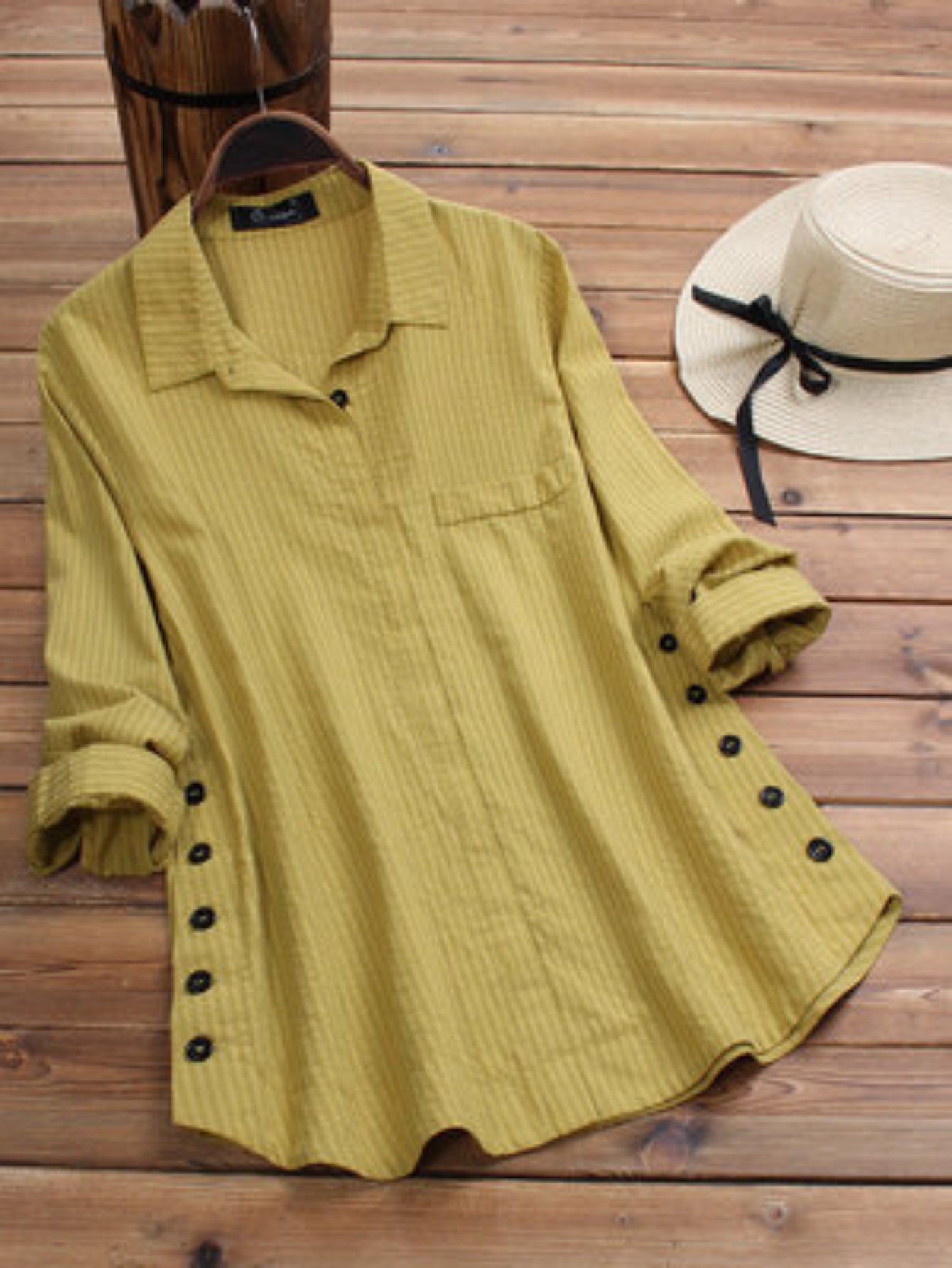 Boho Style Solid Blouse with Rollable Sleeves and Side Buttons - Comfortable and Fashionable