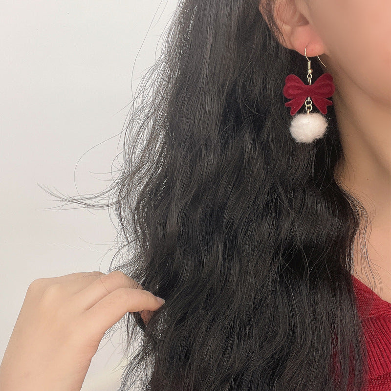 Red Flocking Bow White Furry Ball Design Dangle Earrings