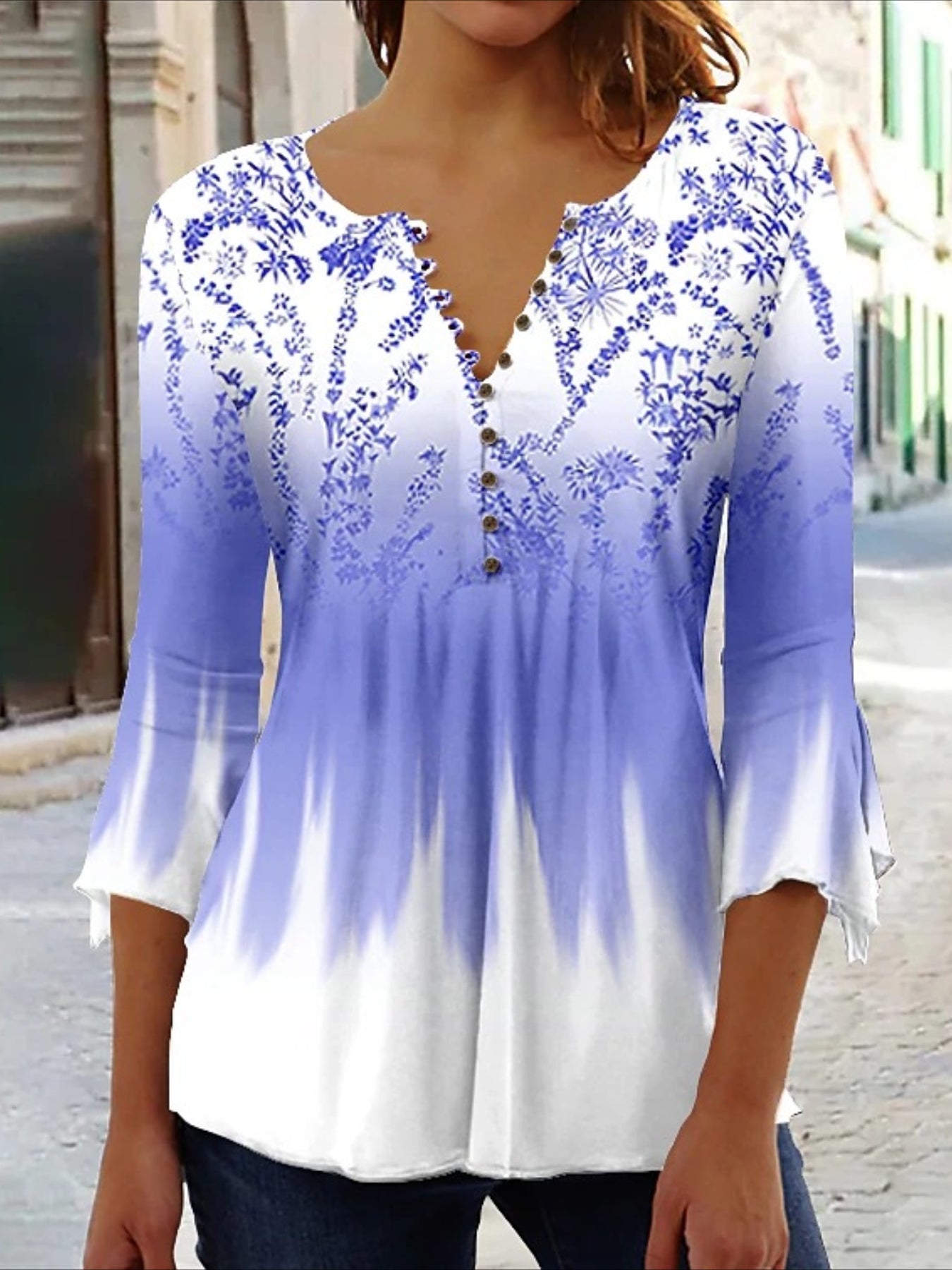 Casual Floral Print V-Neck 3/4 Sleeves Blouse