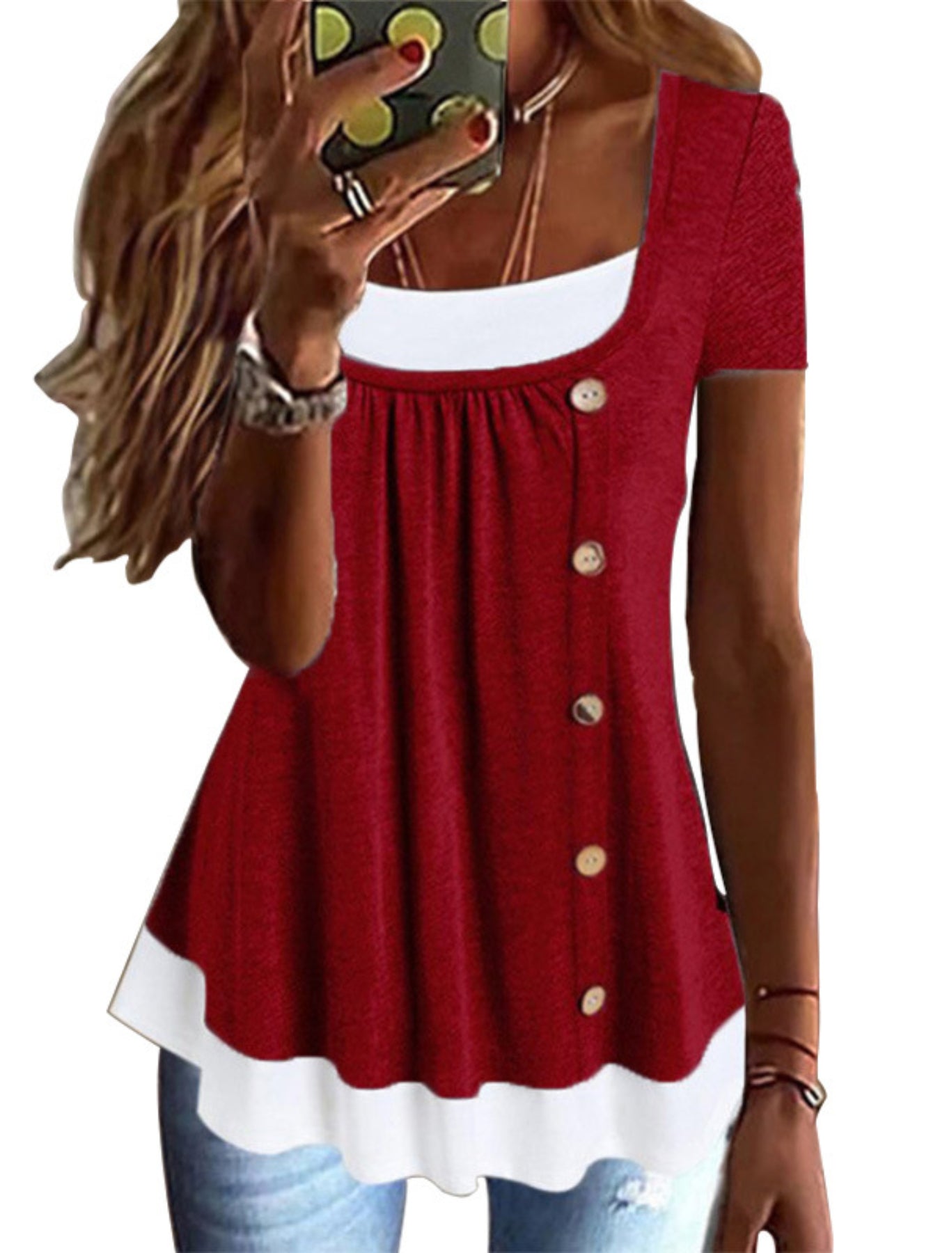 2 In 1 Color Block Button Front T-shirt, Casual Short Sleeve T-Shirt
