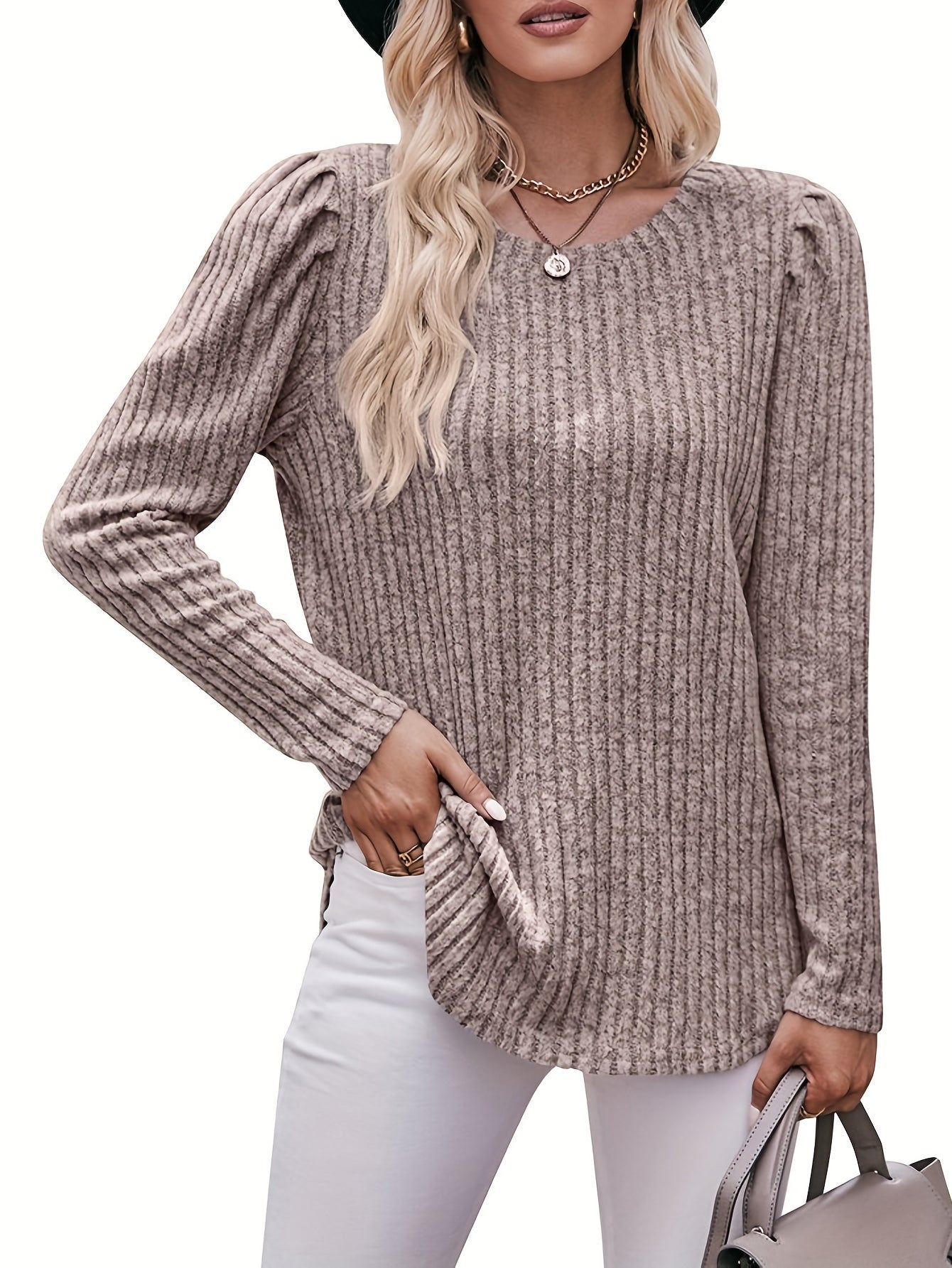 Ribbed Crew Neck T-Shirt, Casual Long Sleeve Top