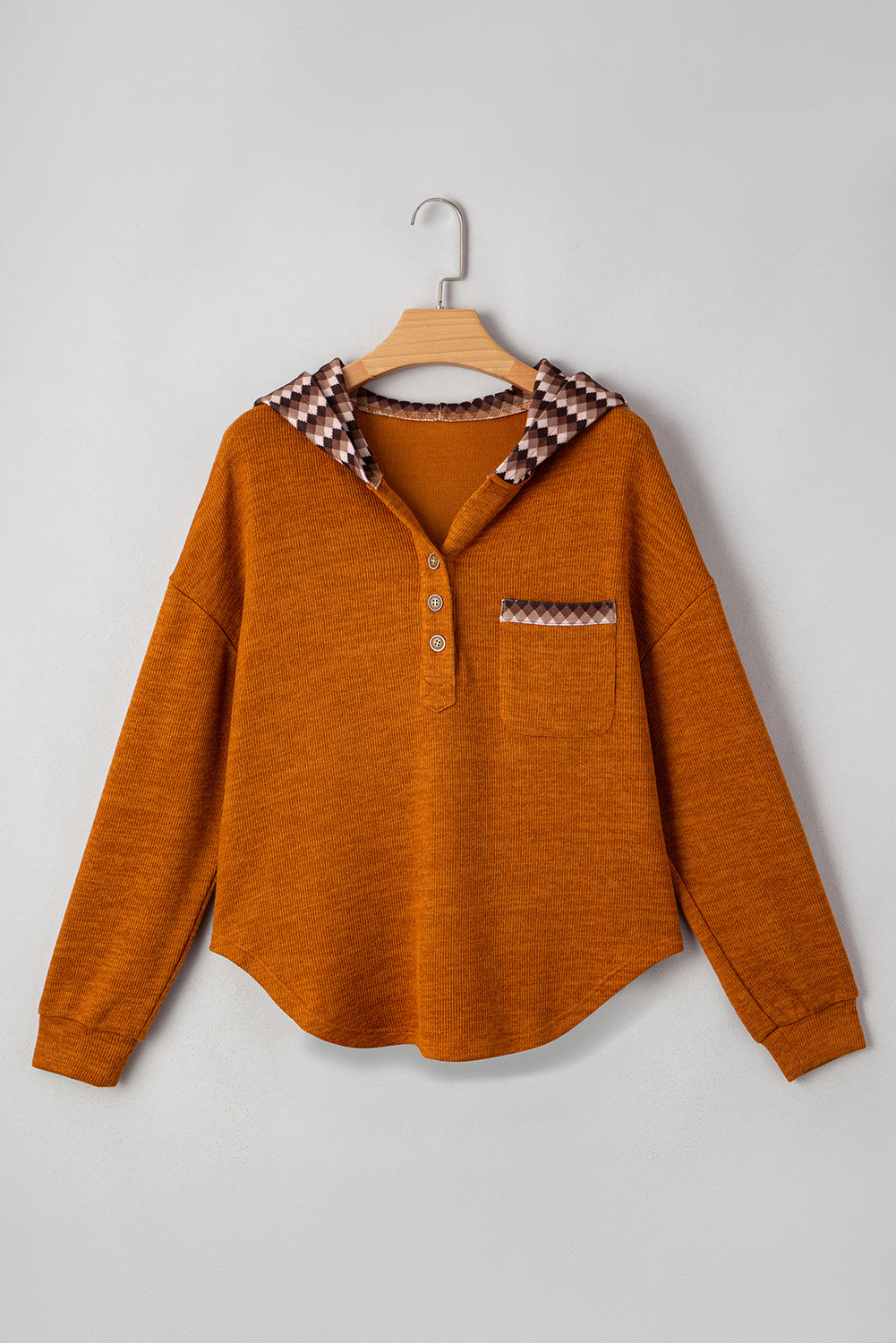 Straw Yellow Contrast Plaid Hood Patchwork Chest Pocket Henley Top