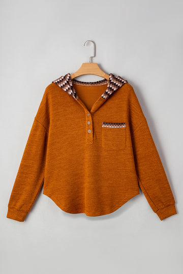 Straw Yellow Contrast Plaid Hood Patchwork Chest Pocket Henley Top