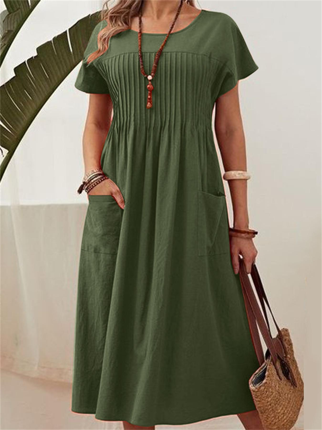 Solid Pintuck Midi Dress, Casual Crew Neck Short Sleeve Dress