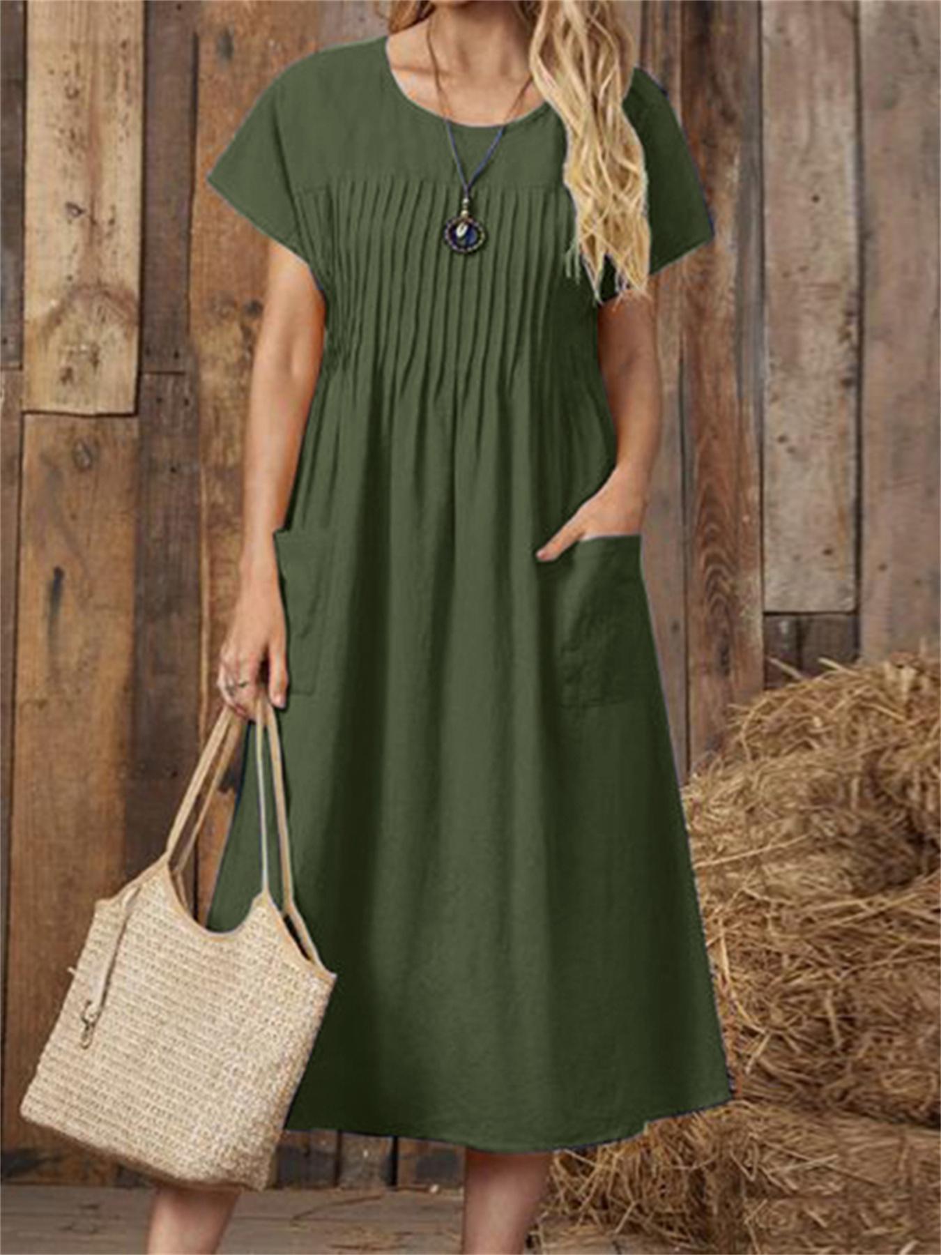 Solid Pintuck Midi Dress, Casual Crew Neck Short Sleeve Dress