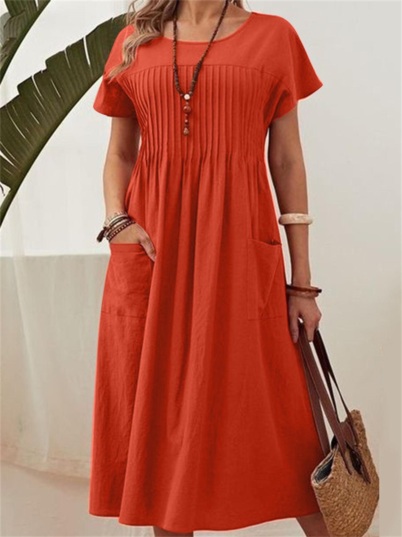 Solid Pintuck Midi Dress, Casual Crew Neck Short Sleeve Dress