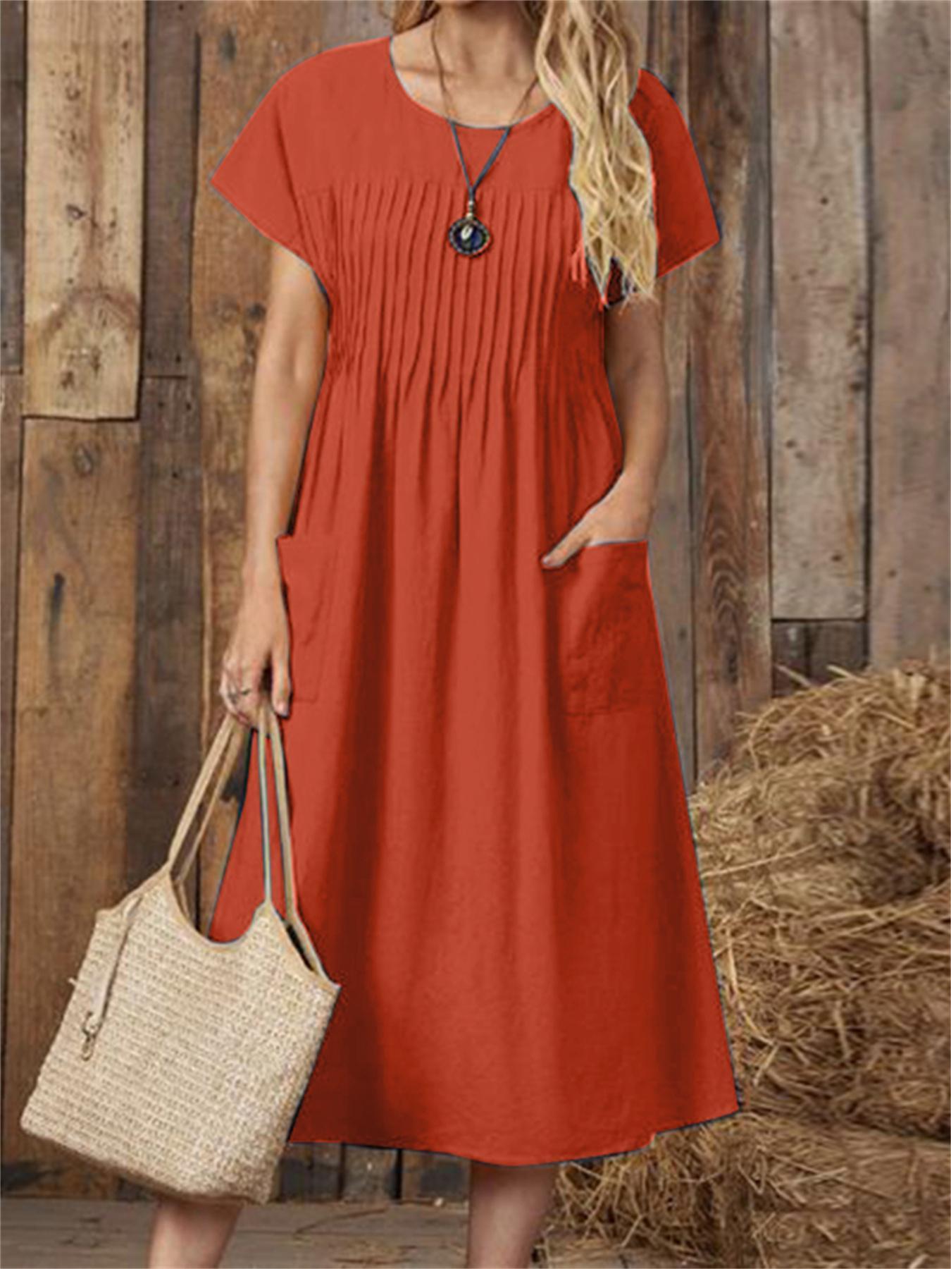 Solid Pintuck Midi Dress, Casual Crew Neck Short Sleeve Dress