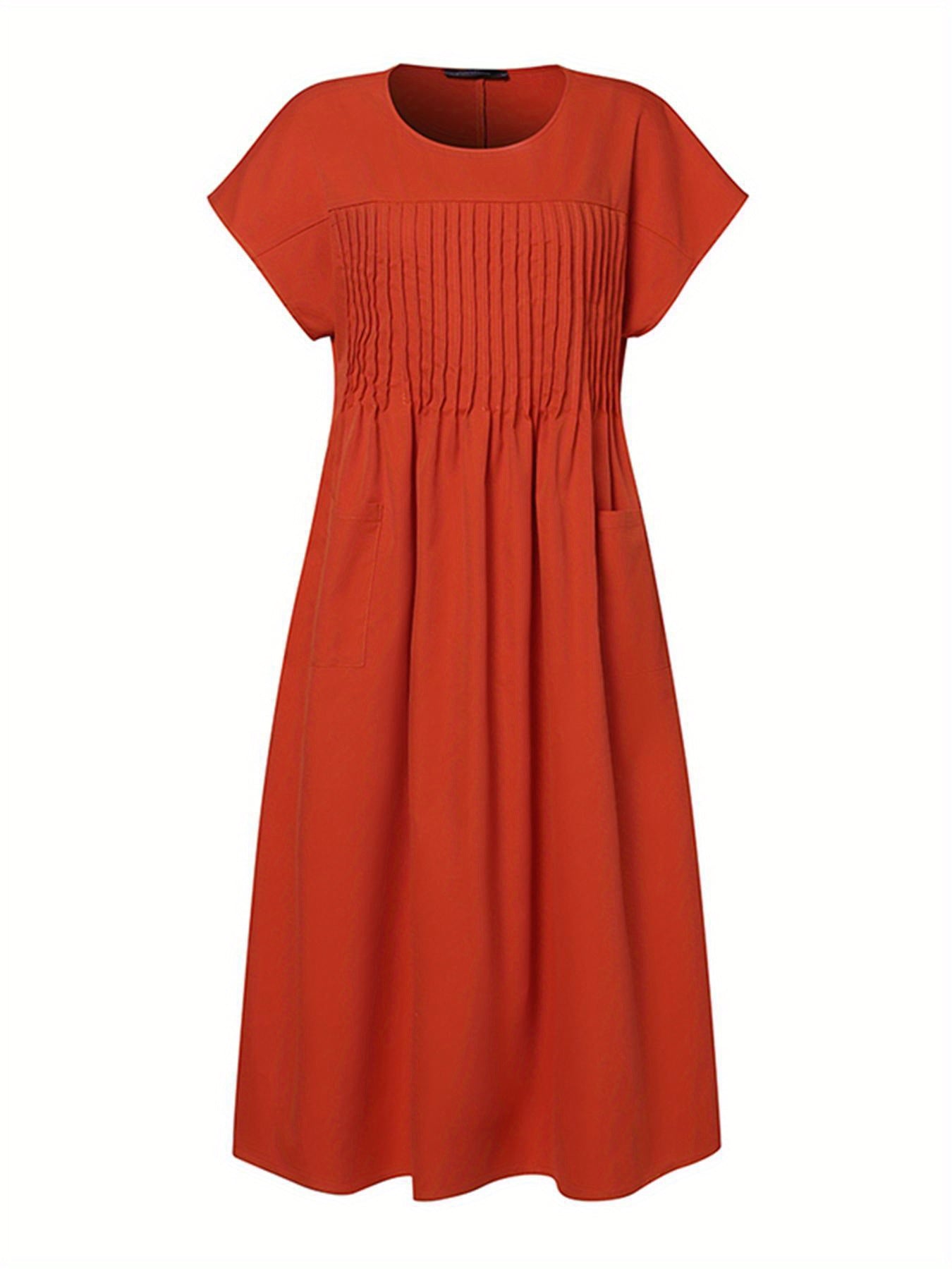 Solid Pintuck Midi Dress, Casual Crew Neck Short Sleeve Dress