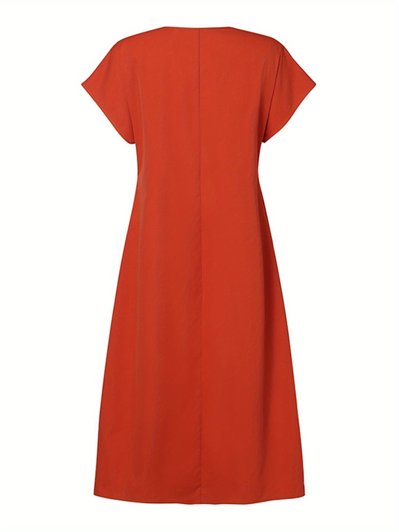 Solid Pintuck Midi Dress, Casual Crew Neck Short Sleeve Dress