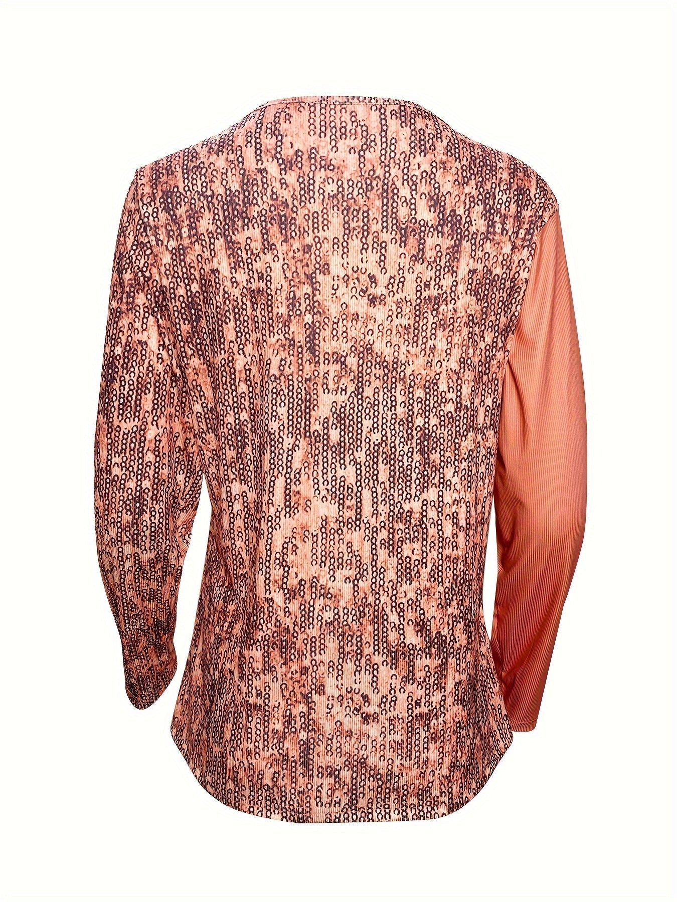 Sequined Button Decor V-neck Splicing T-Shirt, Casual Long Sleeve T-Shirt