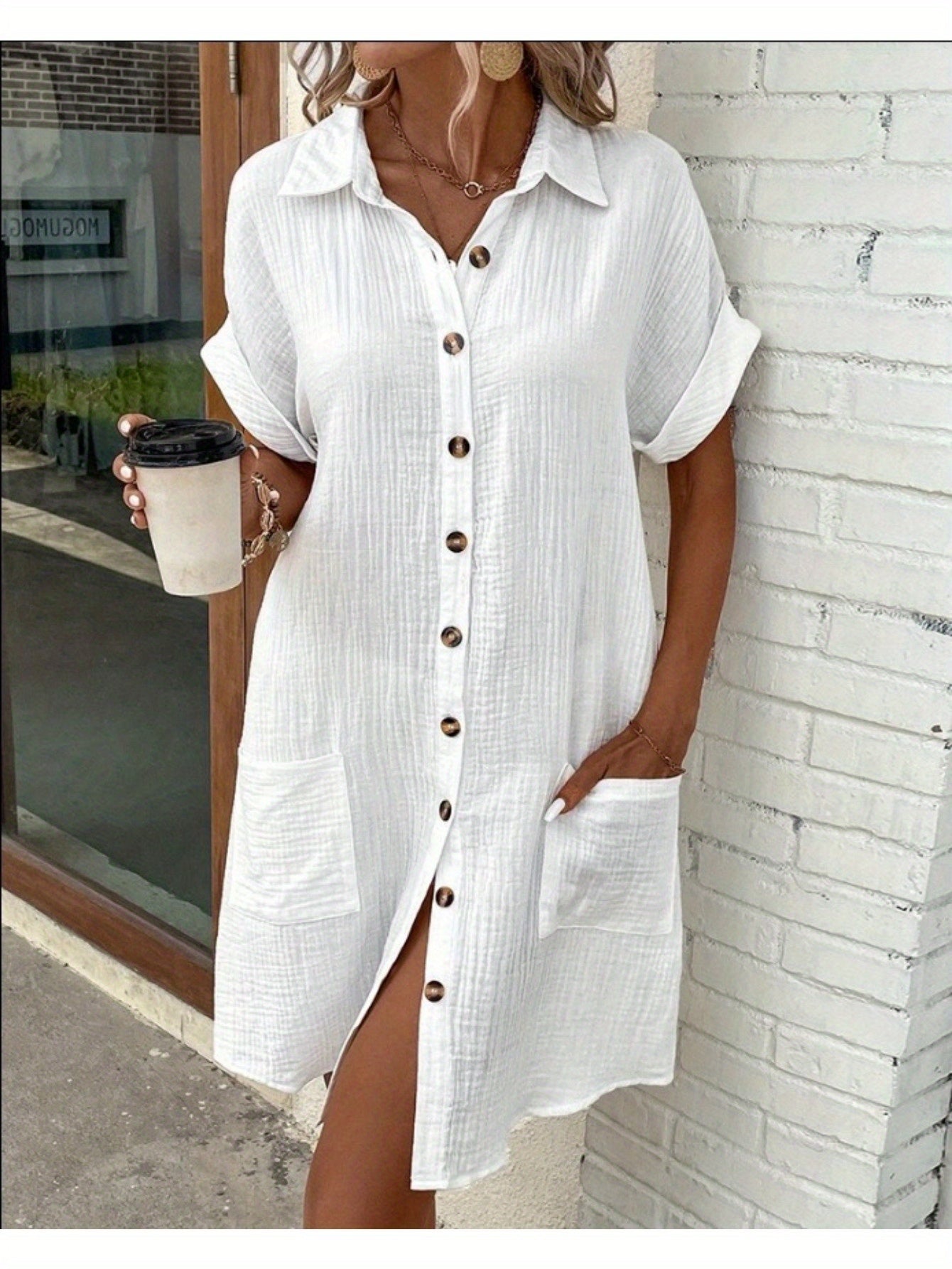 Women's summer new casual solid color single breasted medium long short sleeve loose casual dress