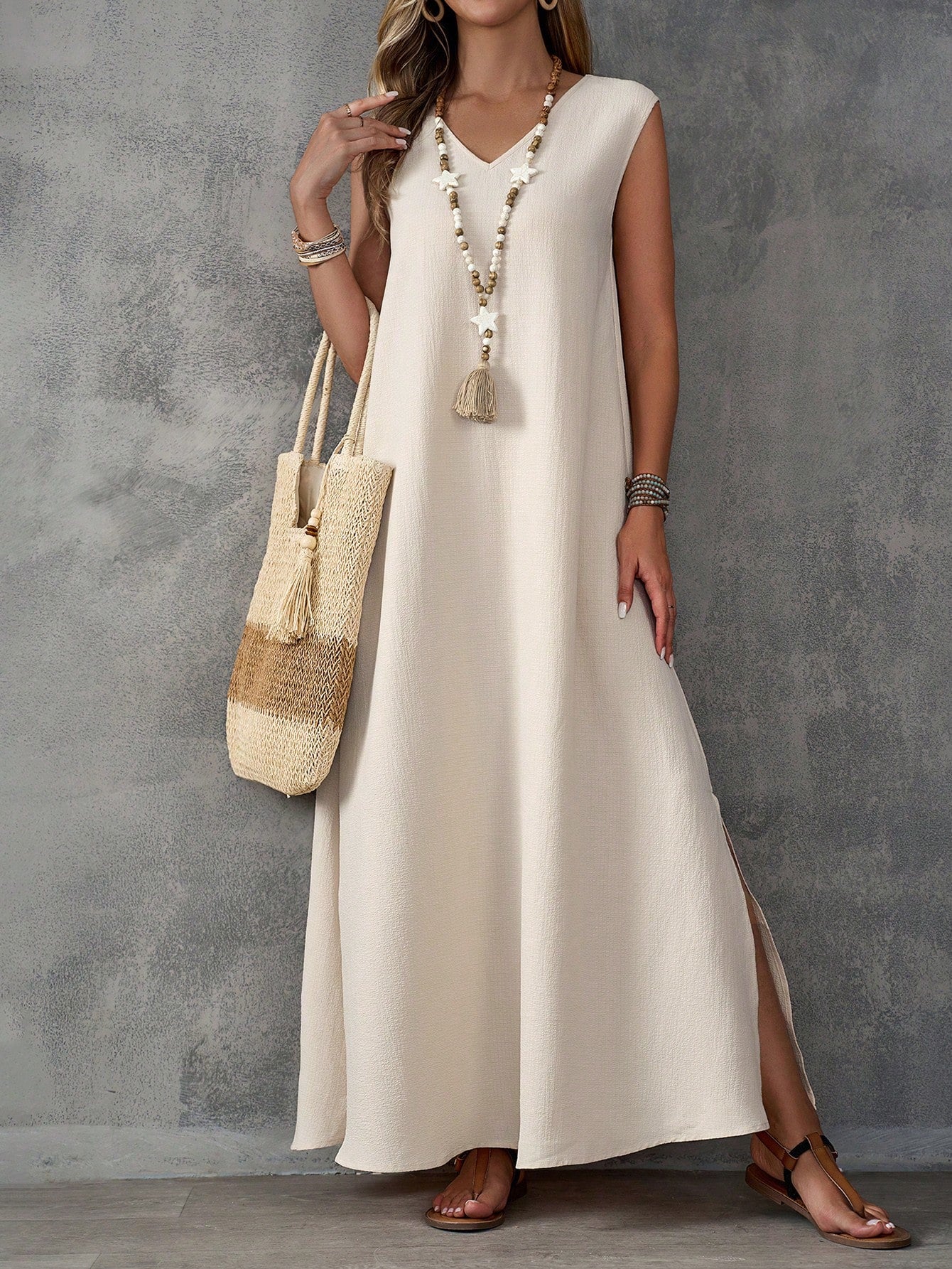 Textured Fabric Sleeveless V-Neck Slit Maxi Dress