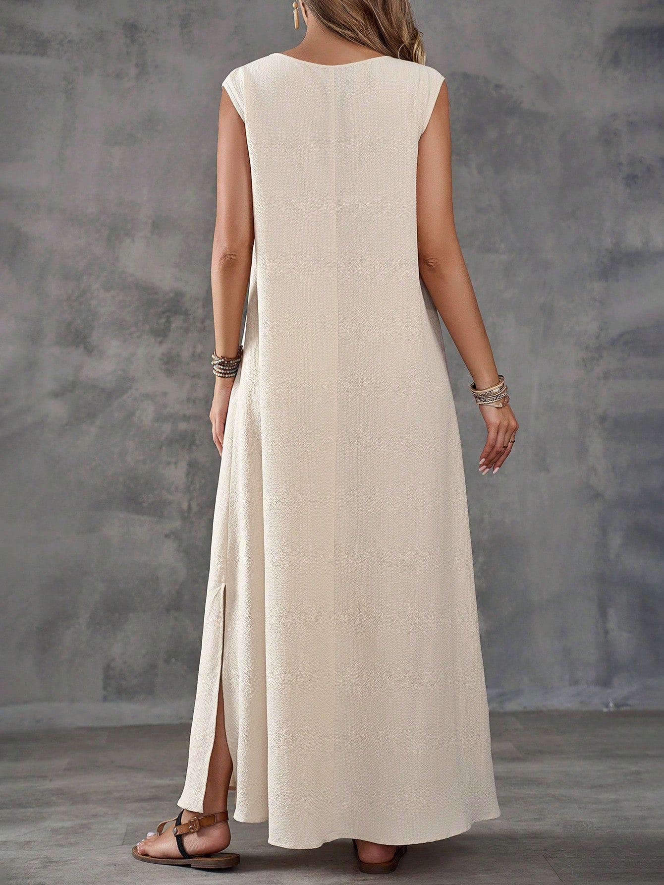 Textured Fabric Sleeveless V-Neck Slit Maxi Dress