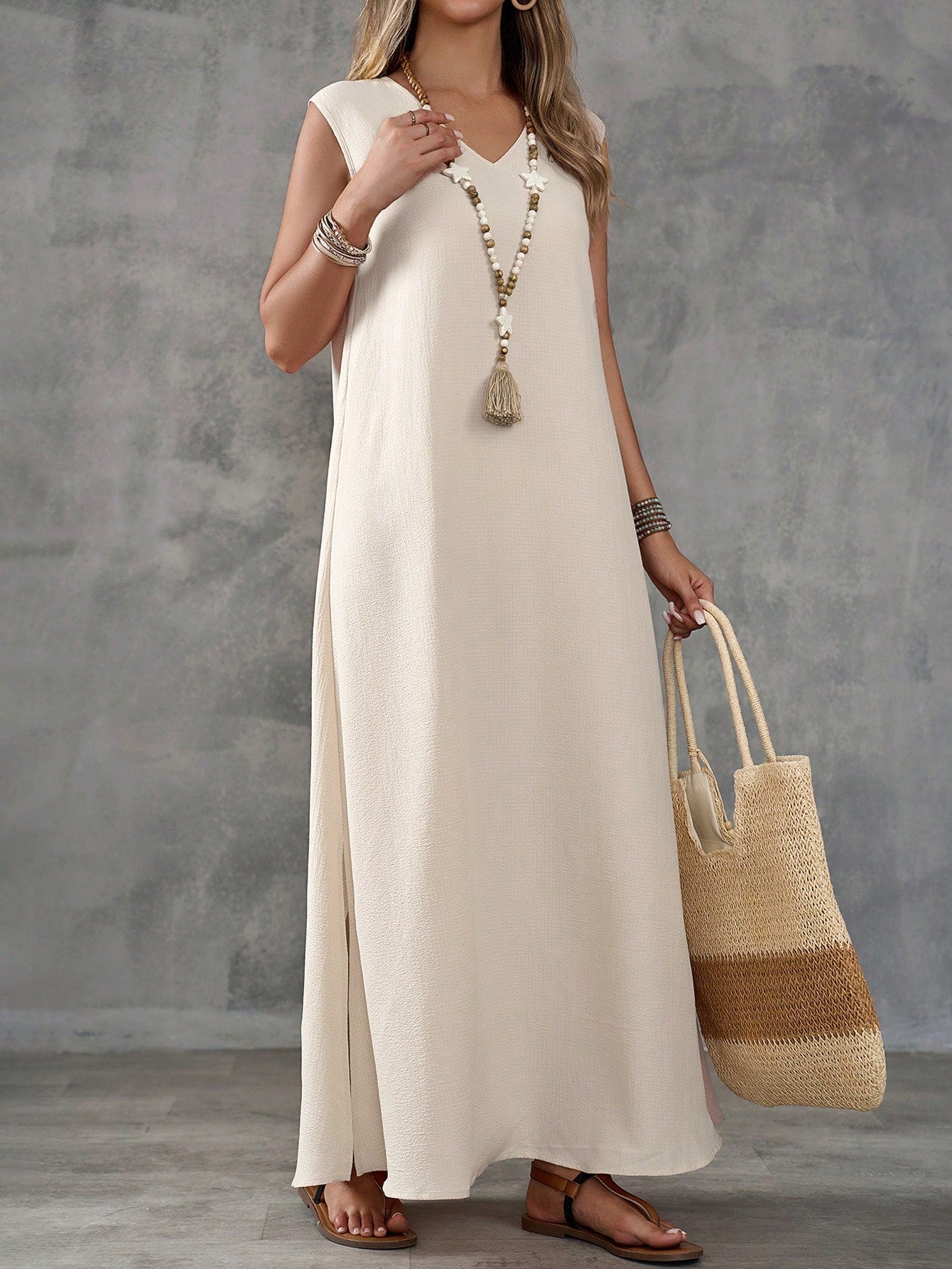 Textured Fabric Sleeveless V-Neck Slit Maxi Dress
