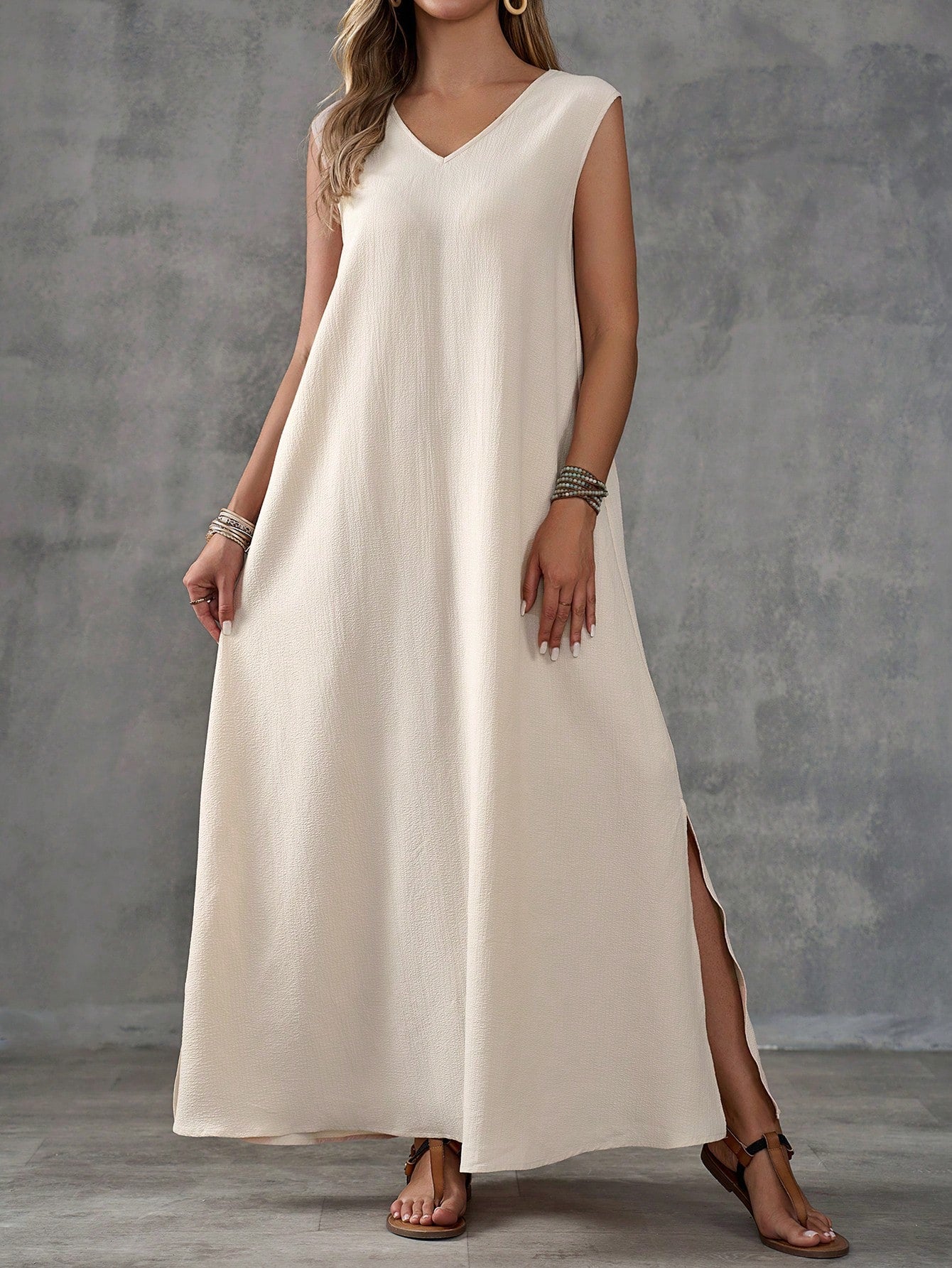 Textured Fabric Sleeveless V-Neck Slit Maxi Dress