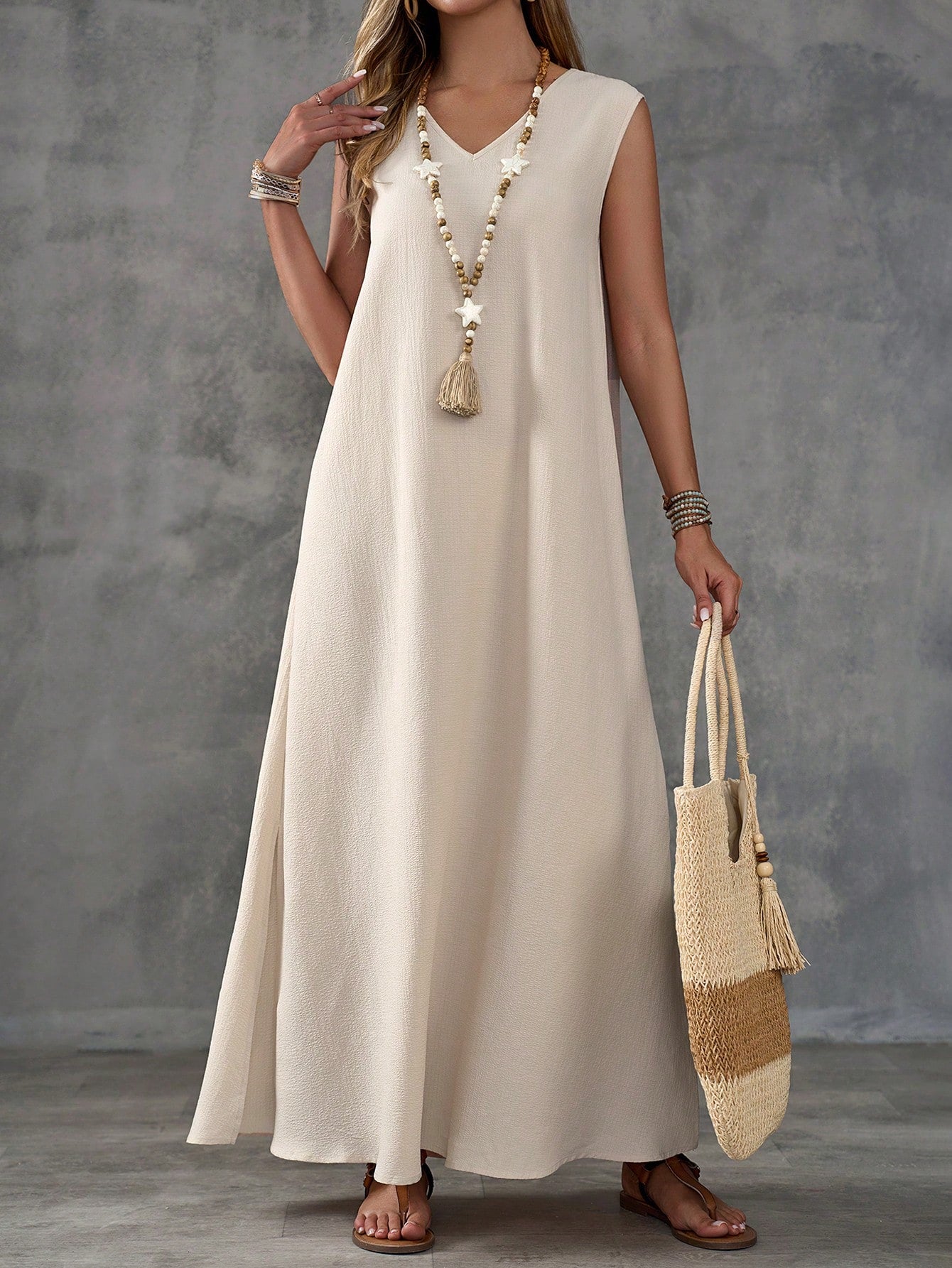 Textured Fabric Sleeveless V-Neck Slit Maxi Dress