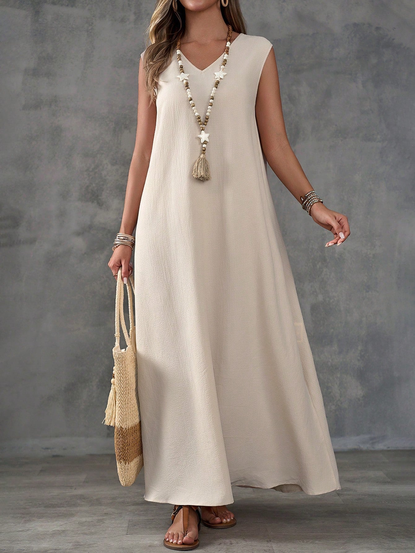 Textured Fabric Sleeveless V-Neck Slit Maxi Dress