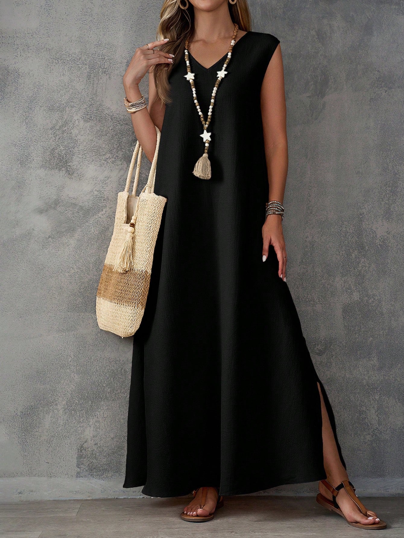 Textured Fabric Sleeveless V-Neck Slit Maxi Dress