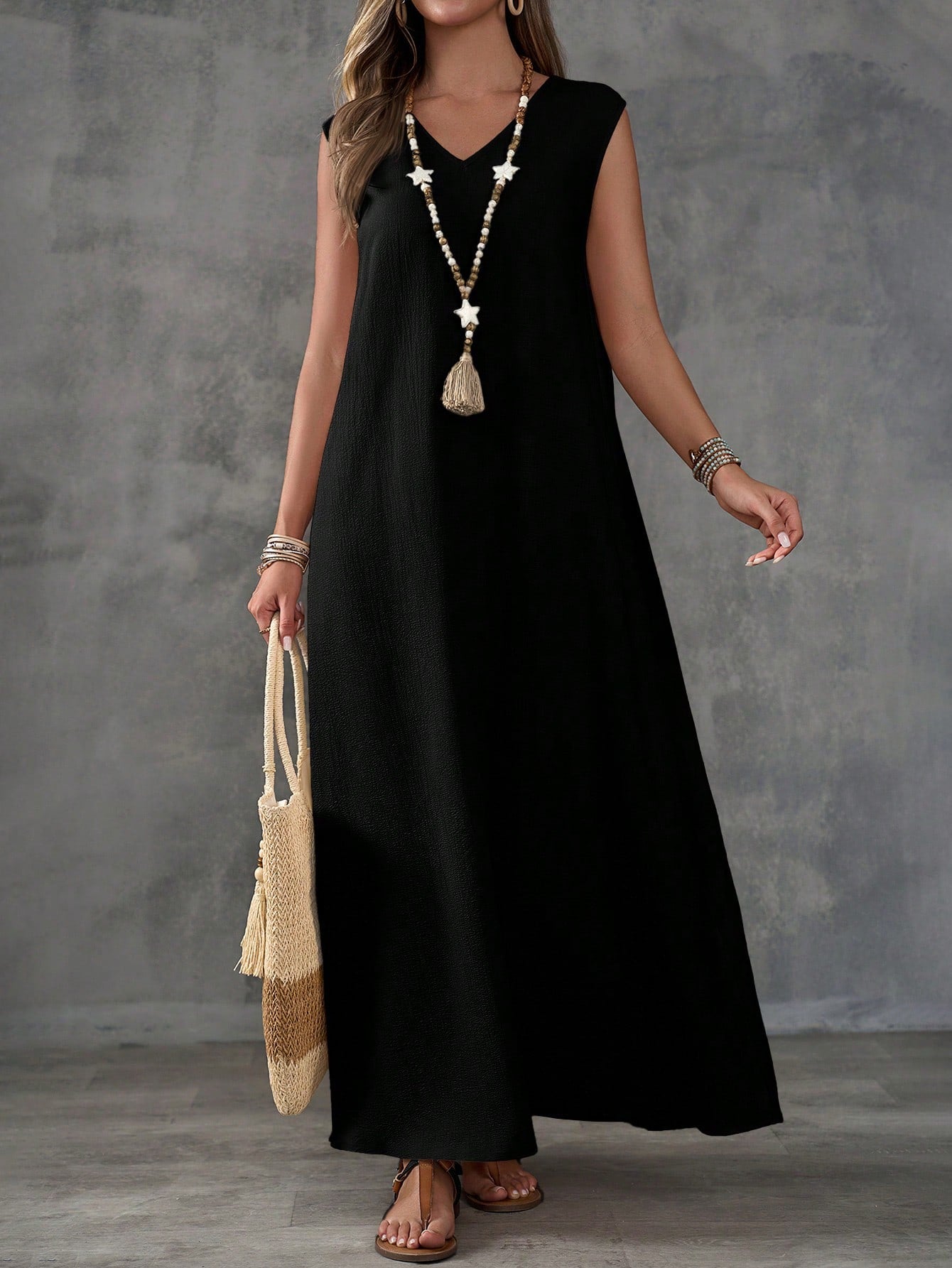 Textured Fabric Sleeveless V-Neck Slit Maxi Dress