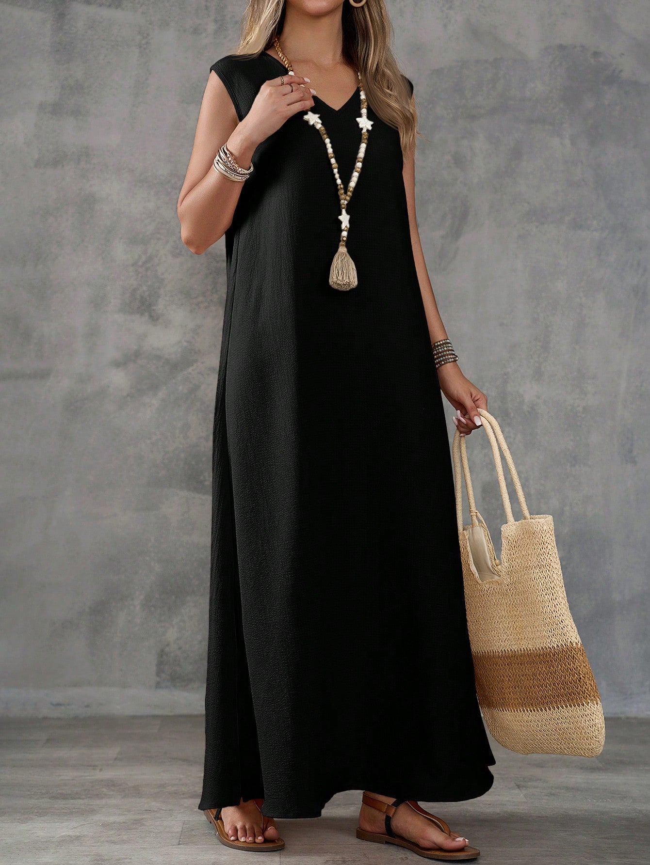 Textured Fabric Sleeveless V-Neck Slit Maxi Dress