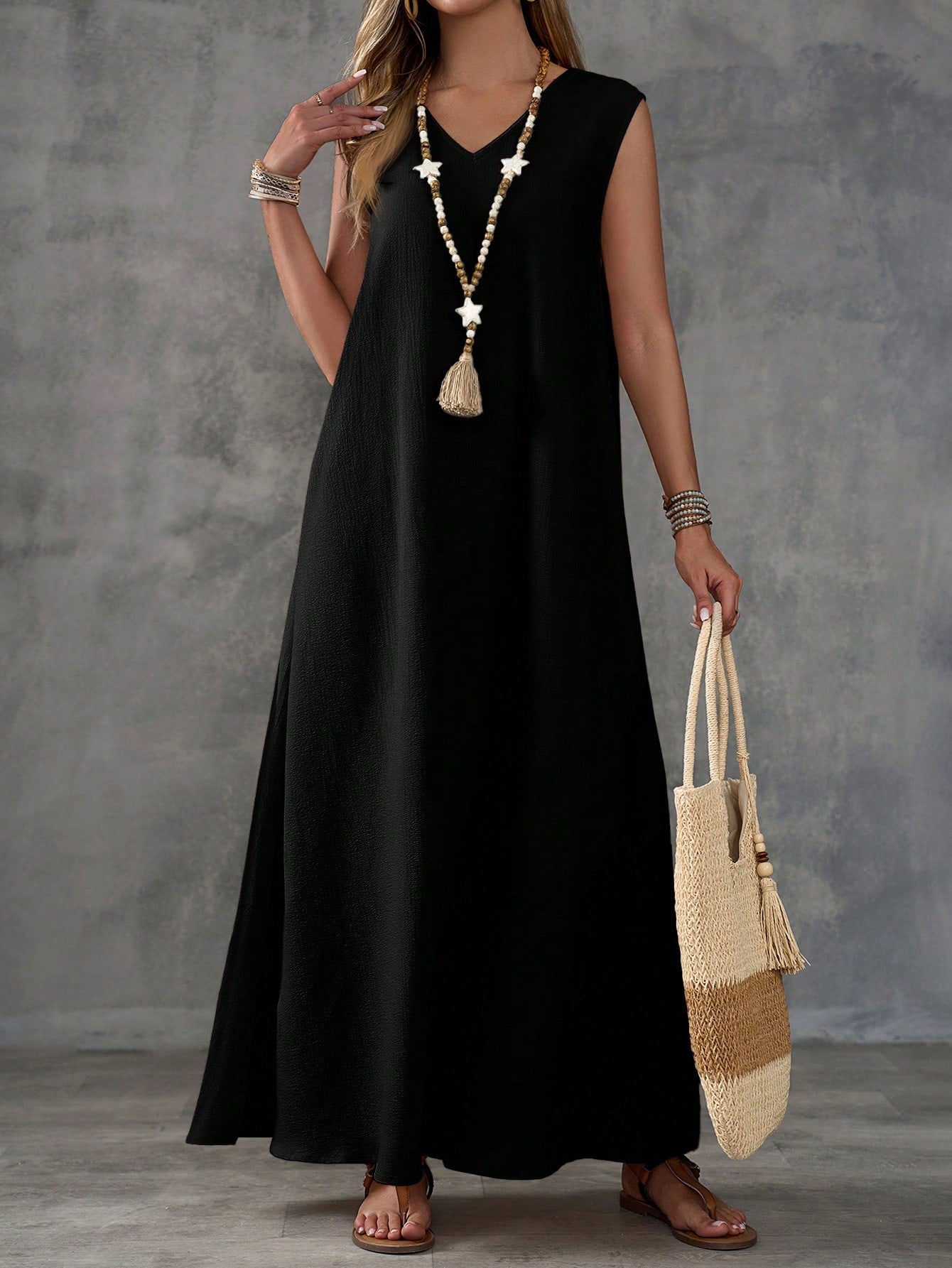Textured Fabric Sleeveless V-Neck Slit Maxi Dress