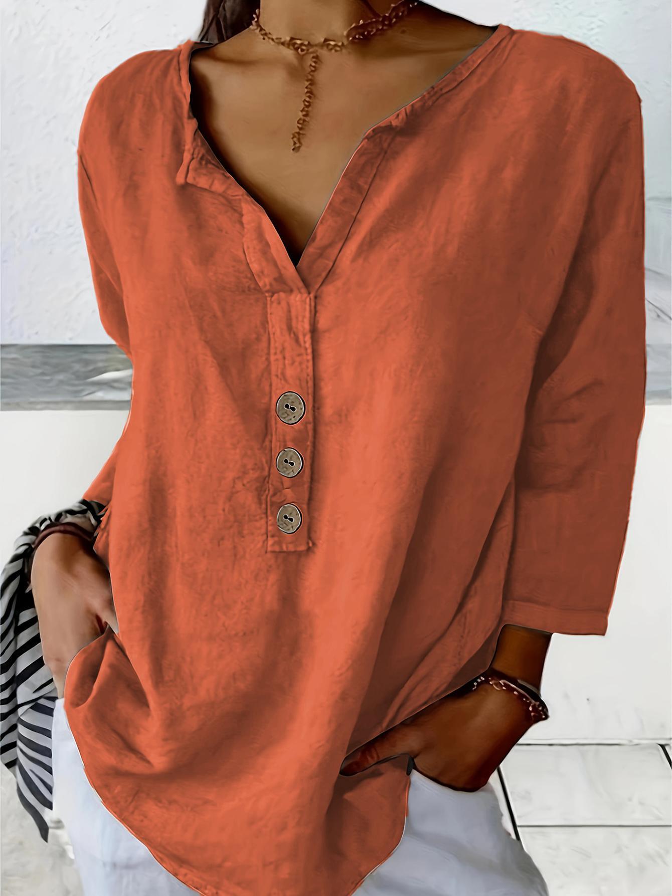 Solid Color Notched Neck Blouse, Casual Button Front Long Sleeve Blouse