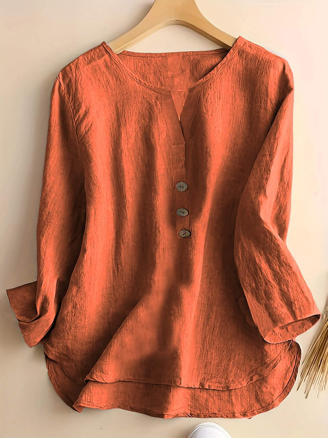 Solid Color Notched Neck Blouse, Casual Button Front Long Sleeve Blouse