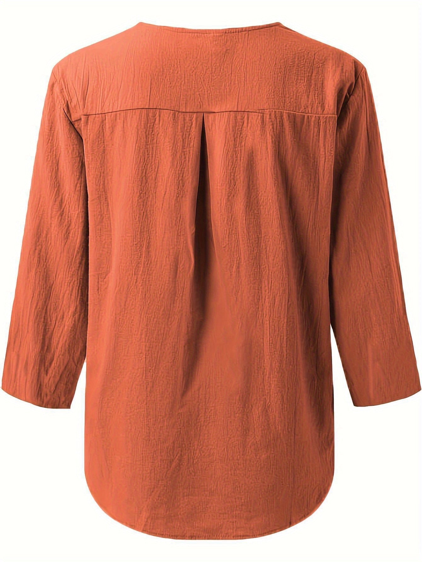 Solid Color Notched Neck Blouse, Casual Button Front Long Sleeve Blouse