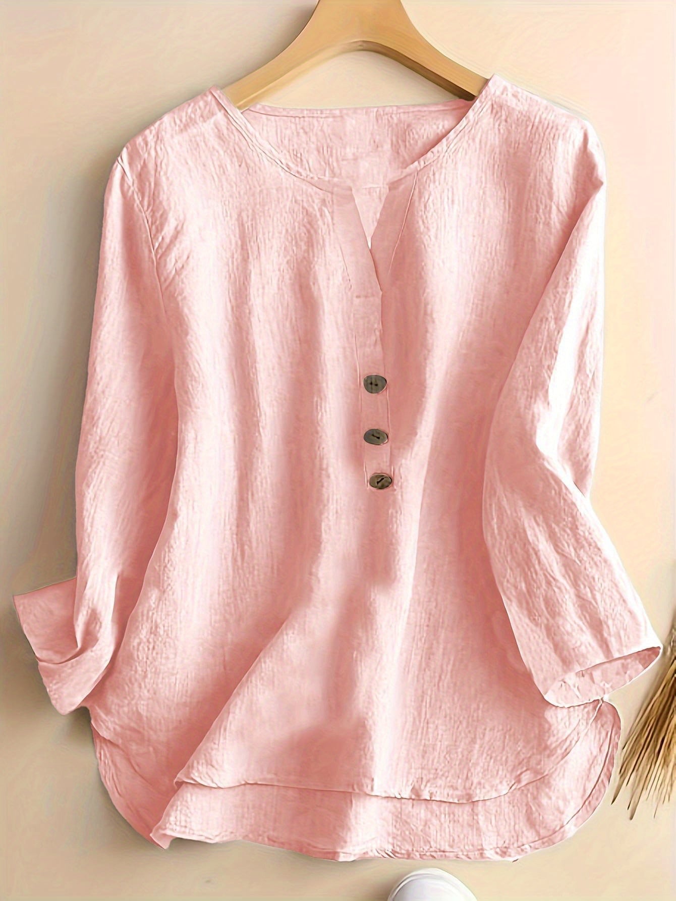 Solid Color Notched Neck Blouse, Casual Button Front Long Sleeve Blouse