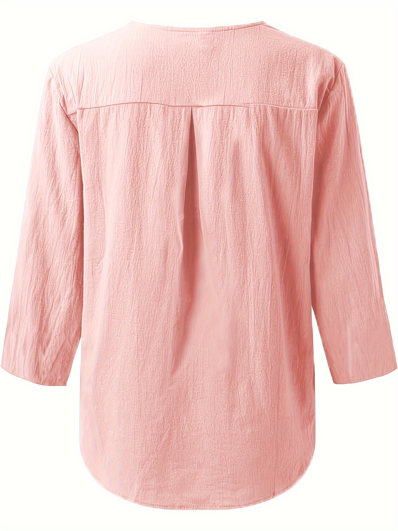 Solid Color Notched Neck Blouse, Casual Button Front Long Sleeve Blouse