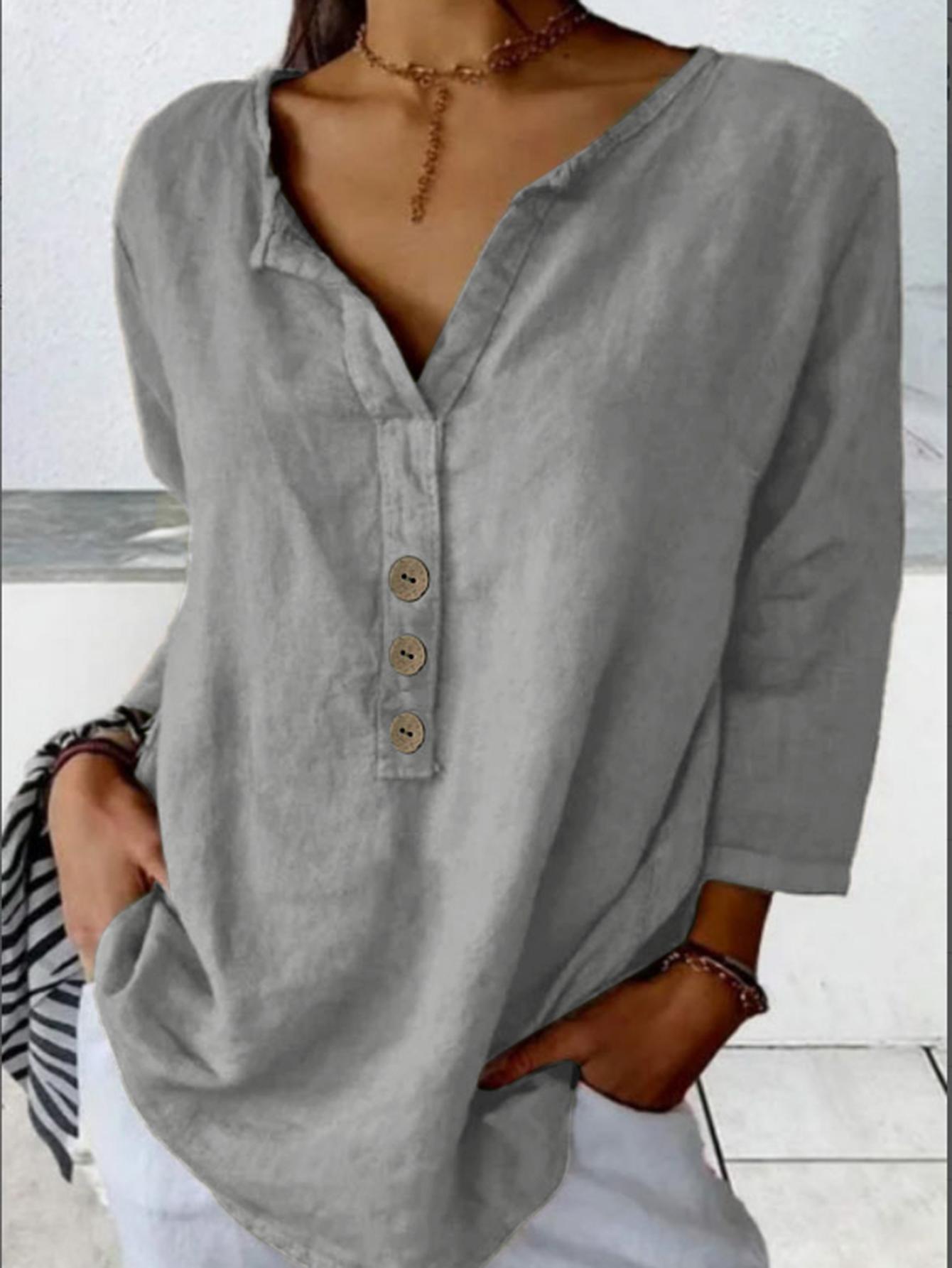 Solid Color Notched Neck Blouse, Casual Button Front Long Sleeve Blouse