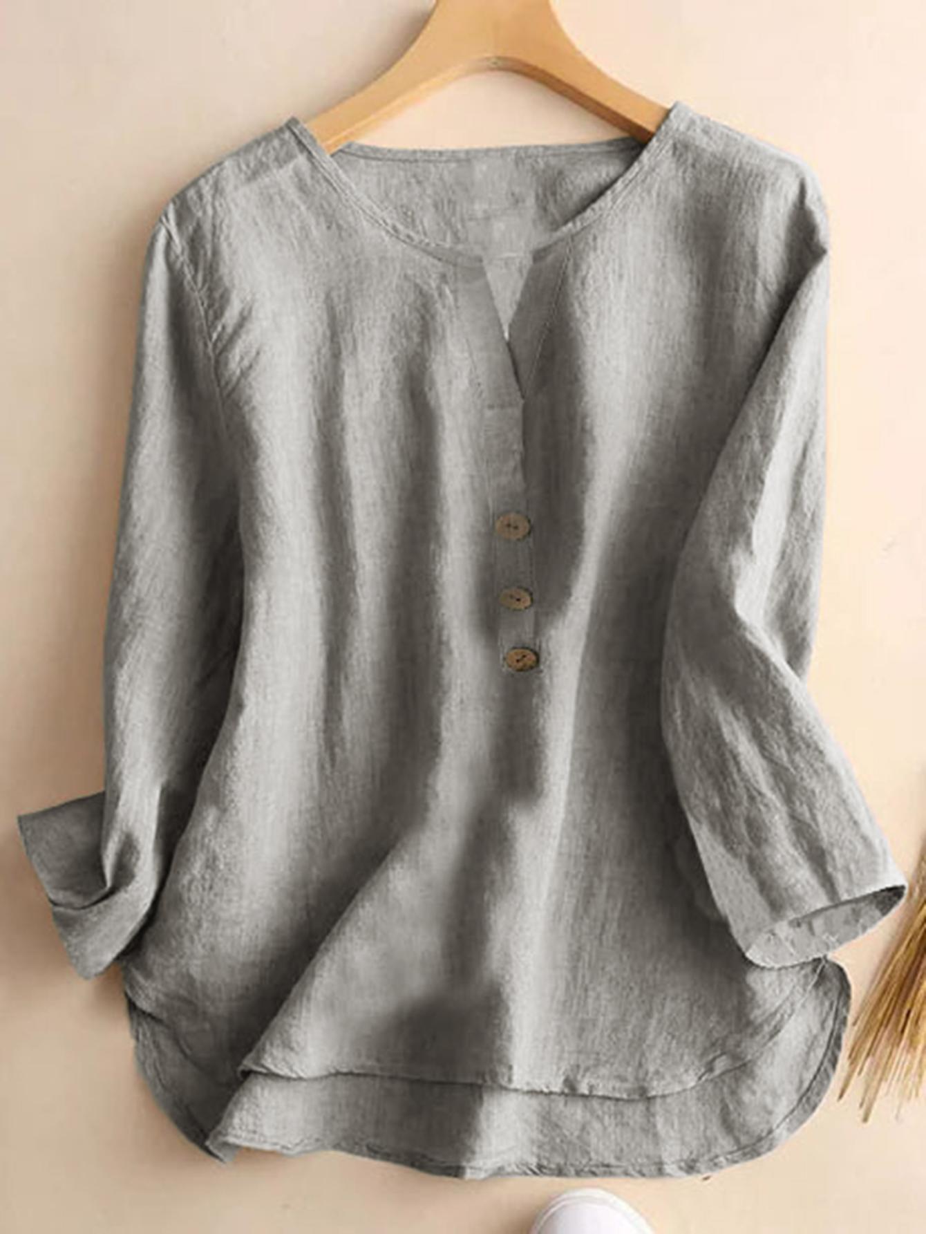 Solid Color Notched Neck Blouse, Casual Button Front Long Sleeve Blouse