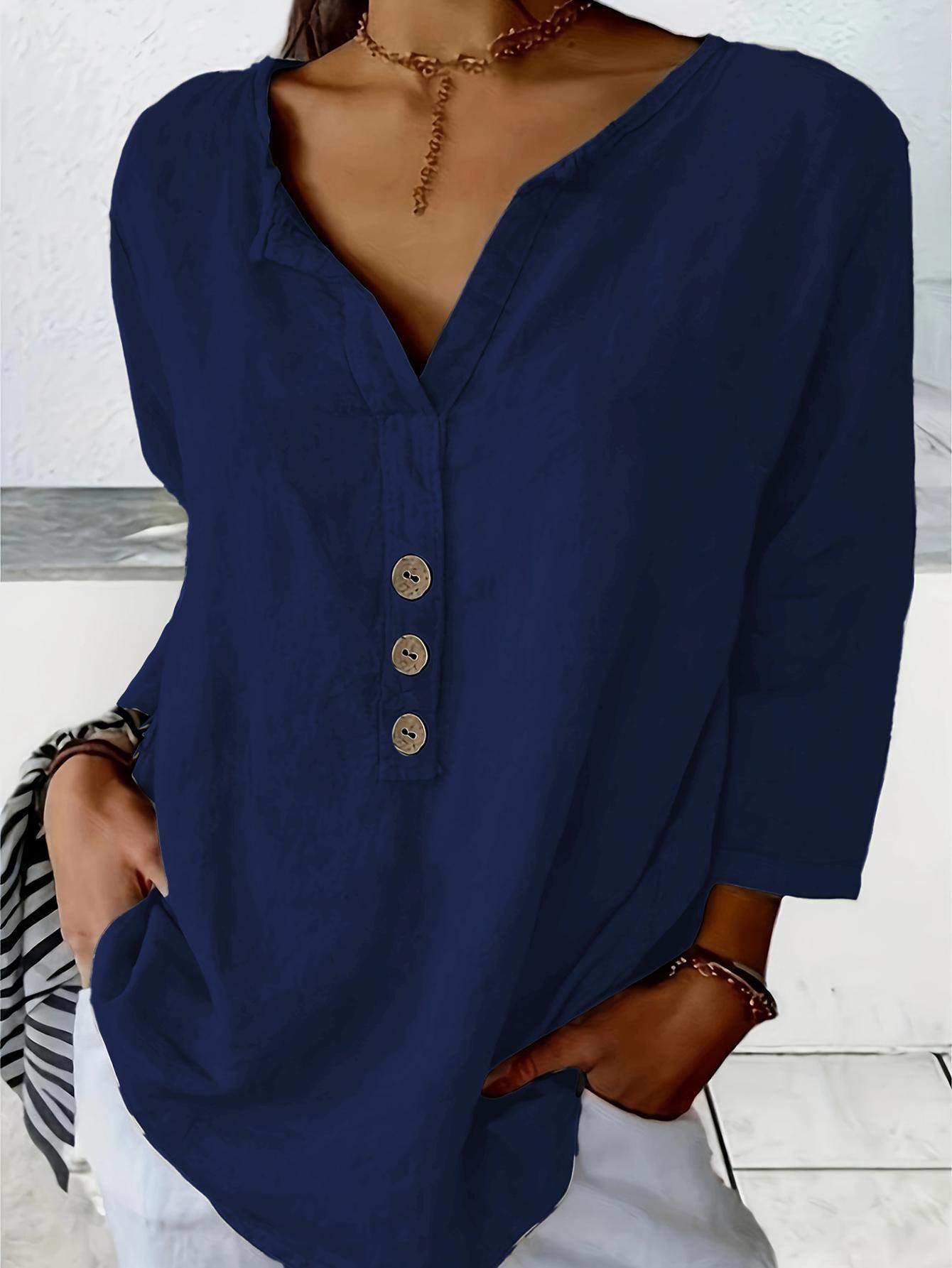 Solid Color Notched Neck Blouse, Casual Button Front Long Sleeve Blouse