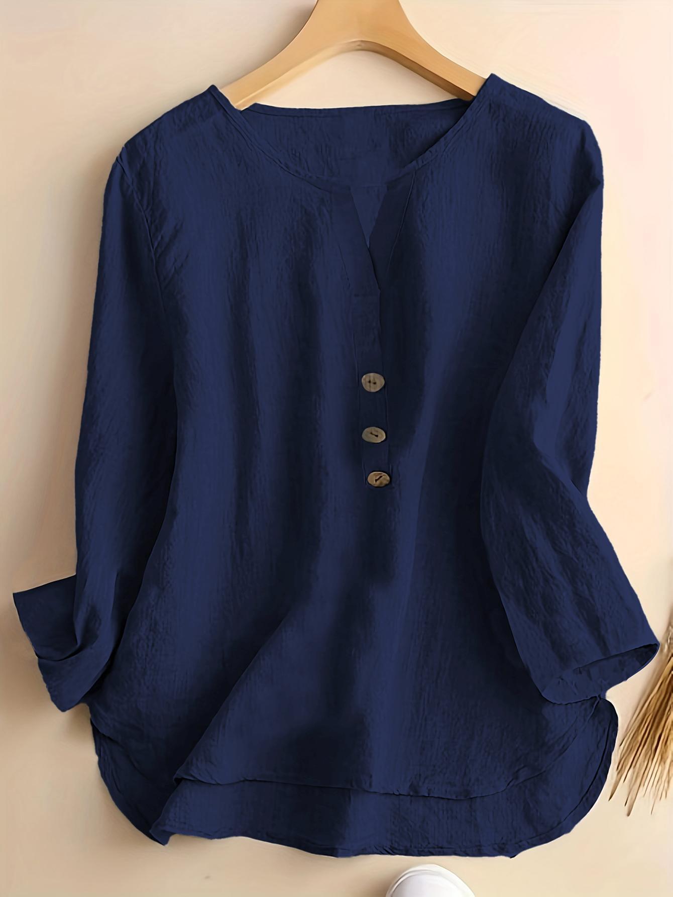 Solid Color Notched Neck Blouse, Casual Button Front Long Sleeve Blouse