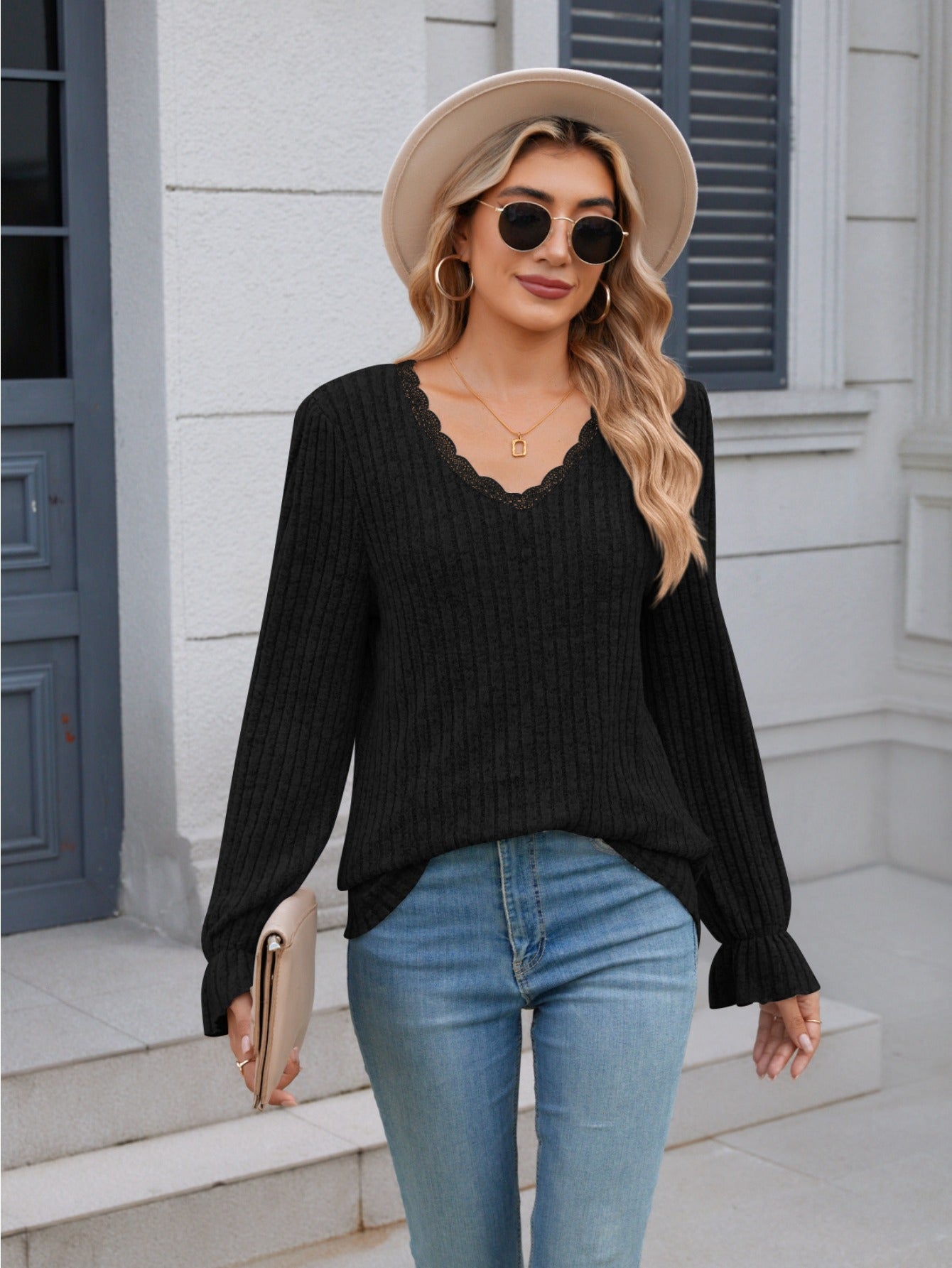 Chic Lace-Trim V-Neck Sweater- Casual Long Sleeve, Ribbed Knit Pullover for Fall/Winter
