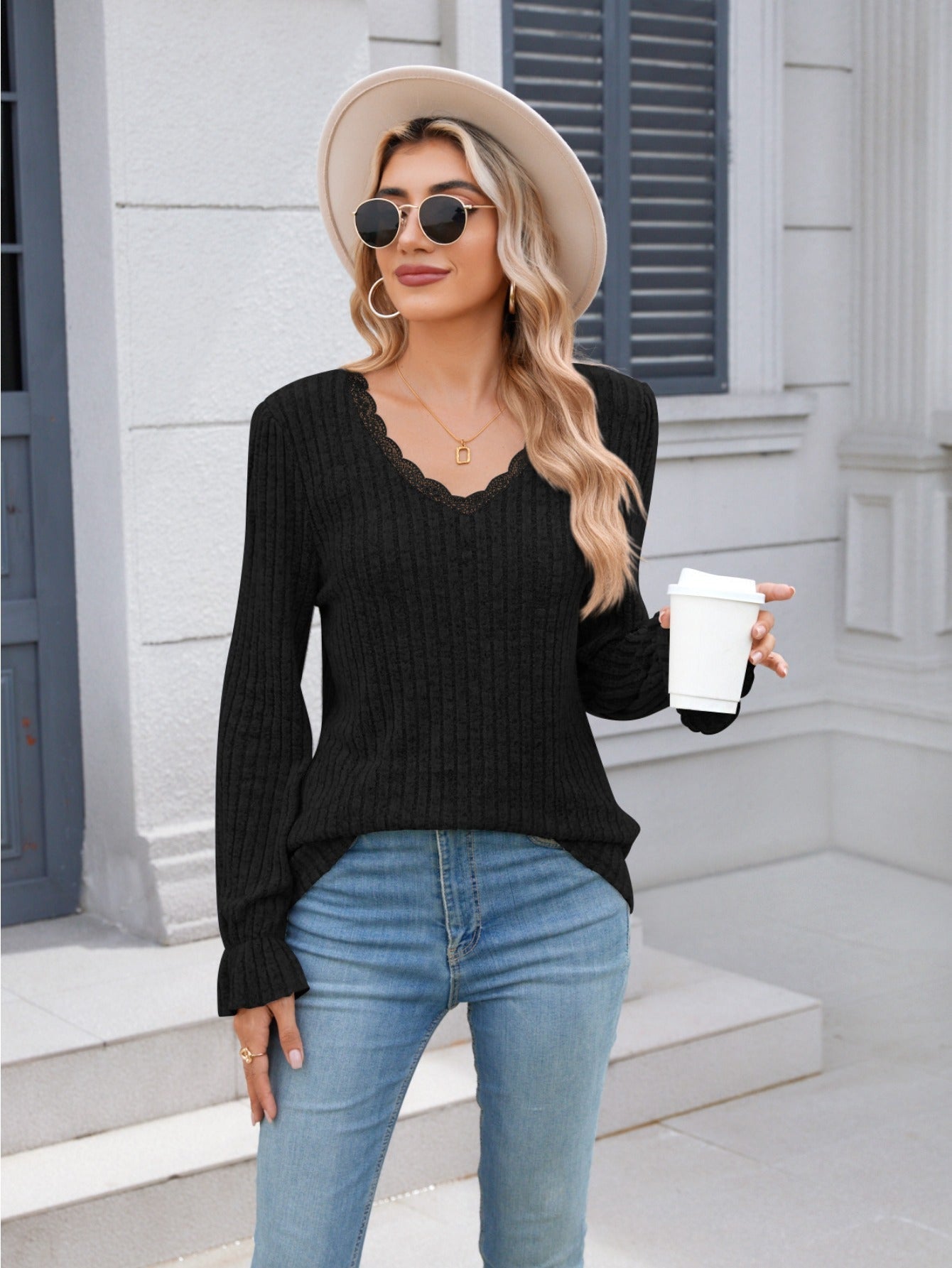 Chic Lace-Trim V-Neck Sweater- Casual Long Sleeve, Ribbed Knit Pullover for Fall/Winter