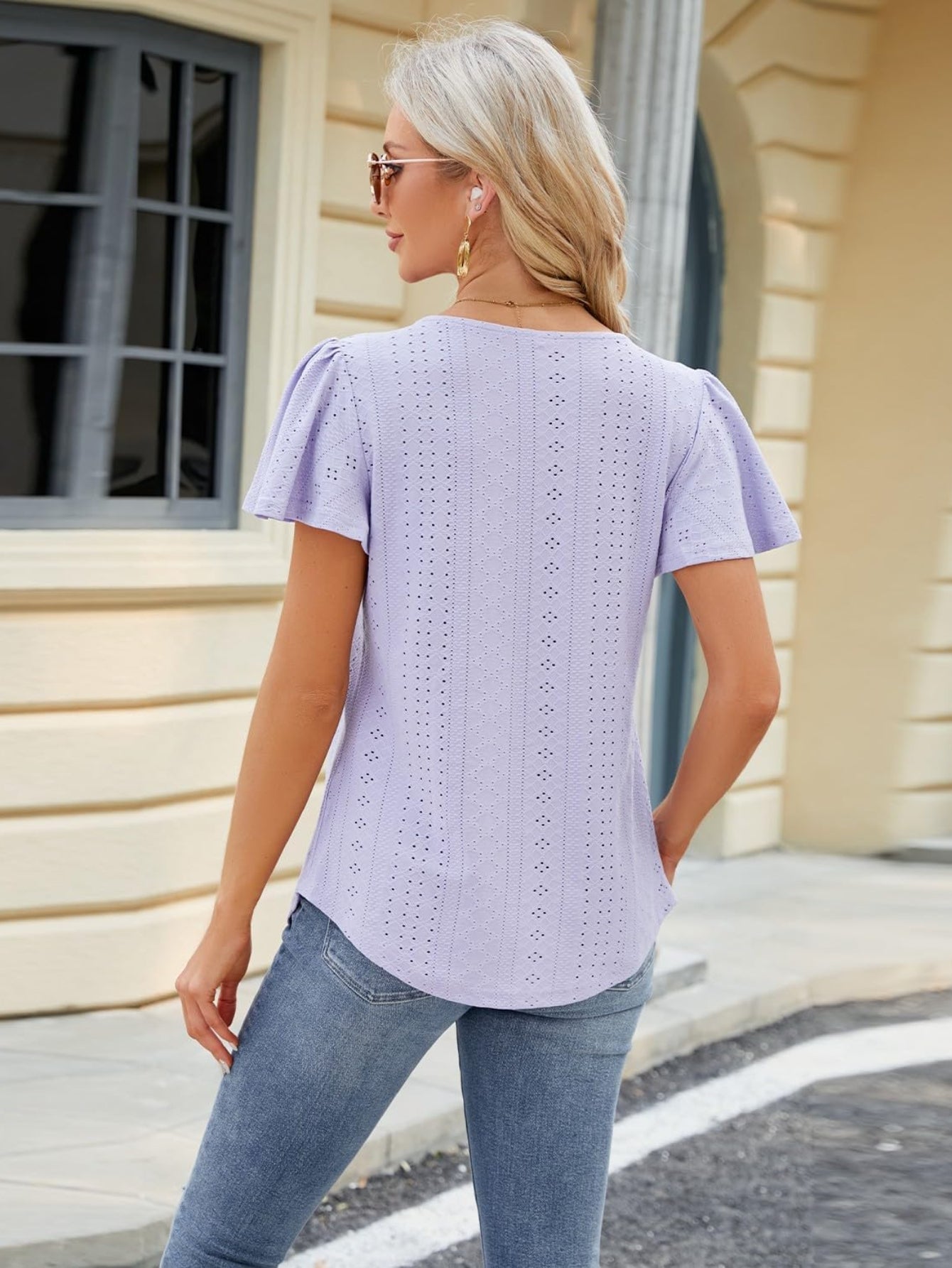 Pleated Hollowed Out Square Neck Short Sleeve T-Shirt