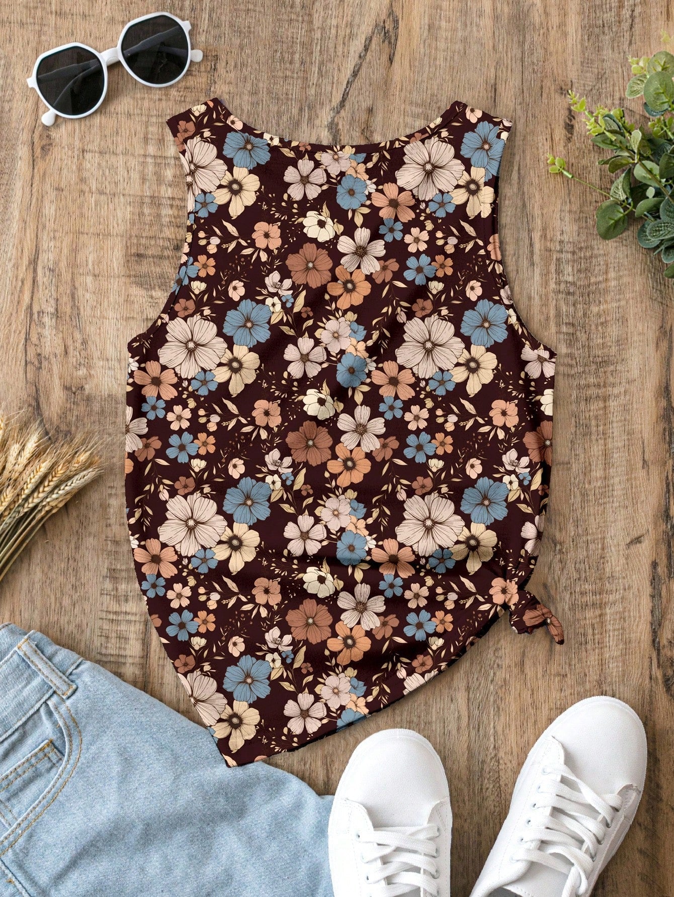 Casual Retro Floral Pattern Round Neck Tank Top