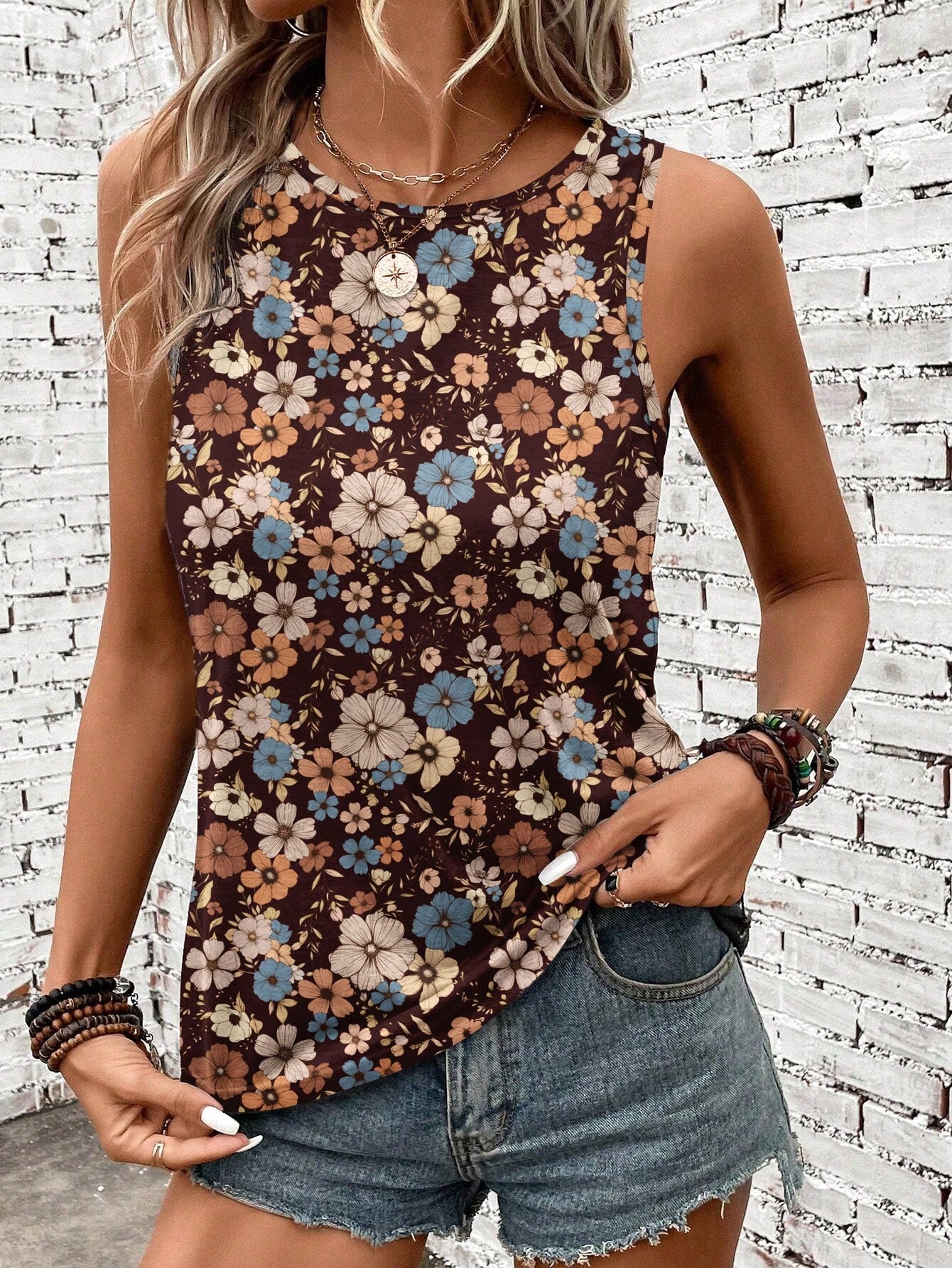 Casual Retro Floral Pattern Round Neck Tank Top